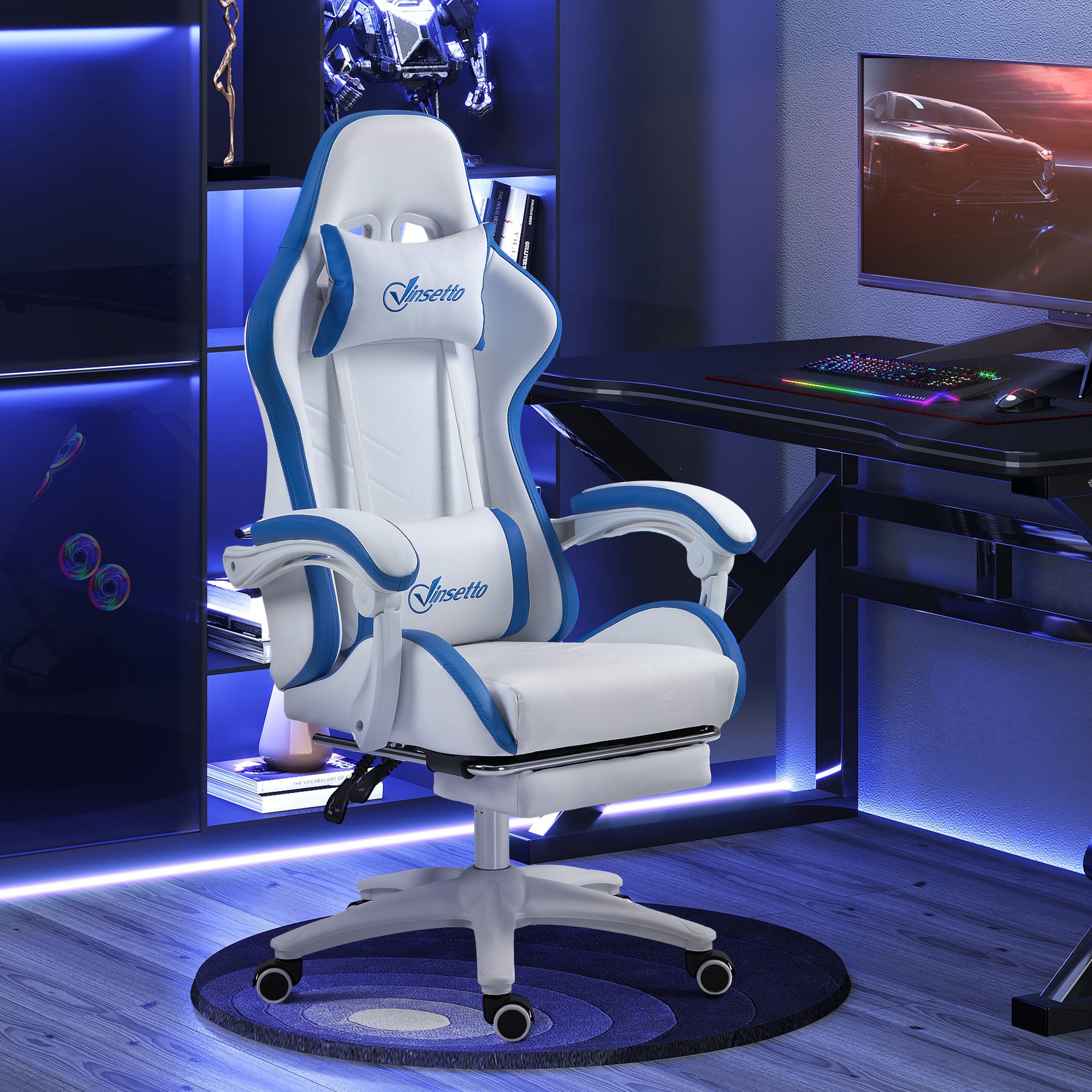 Vinsetto Computer Gaming Chair, PU Leather Desk Chair with Footrest, Swivel Task Chair with 135° Reclining Back and Lumbar Support, PC Chair for Adults, White and Blue - North Peak Garden Furniture