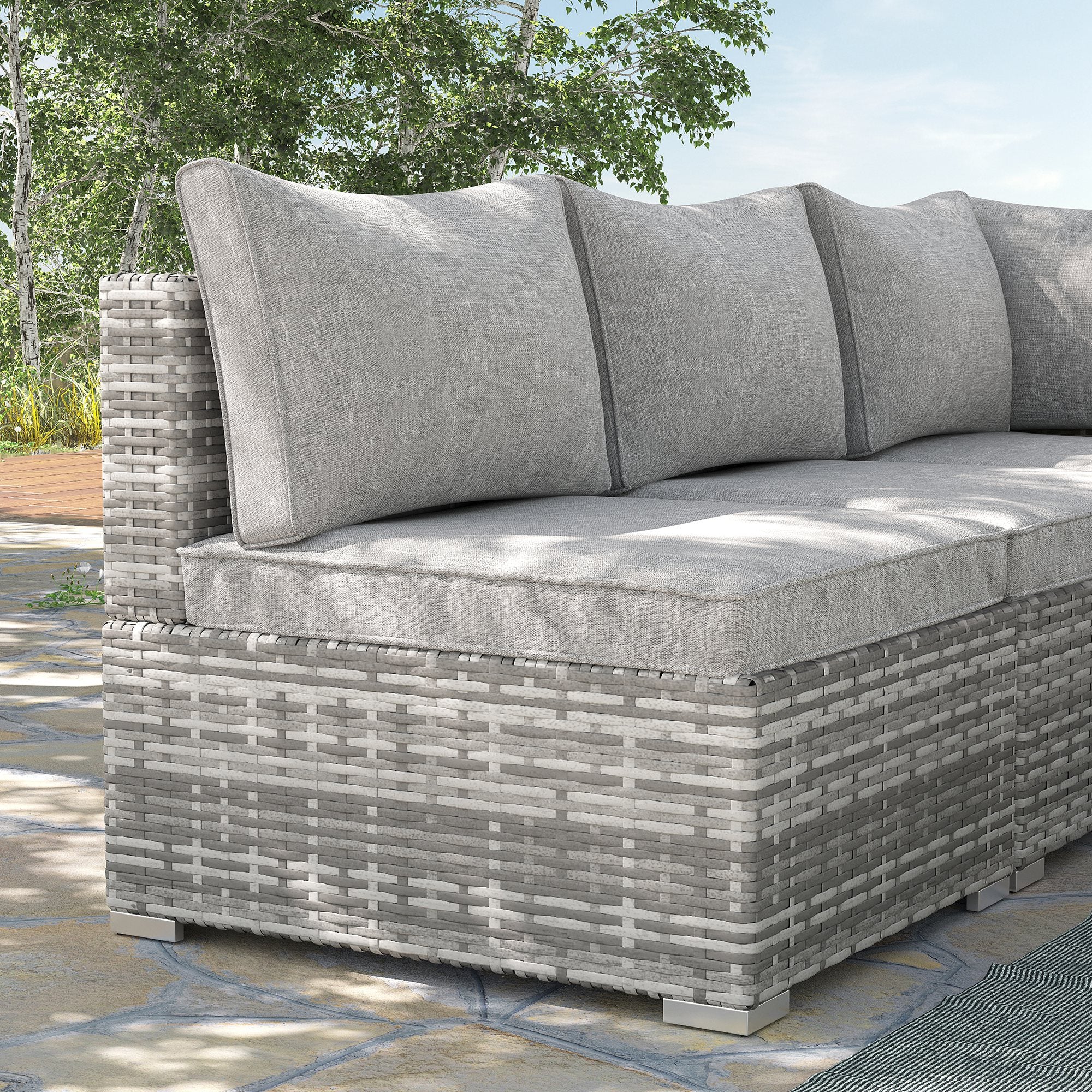 Outsunny Outdoor PE Rattan Furniture with Cushions, Garden Armless Chair with Adjustable Footpads and Back Support Cushion, for Garden, Yard, Terrace, Light Grey - North Peak Garden Furniture