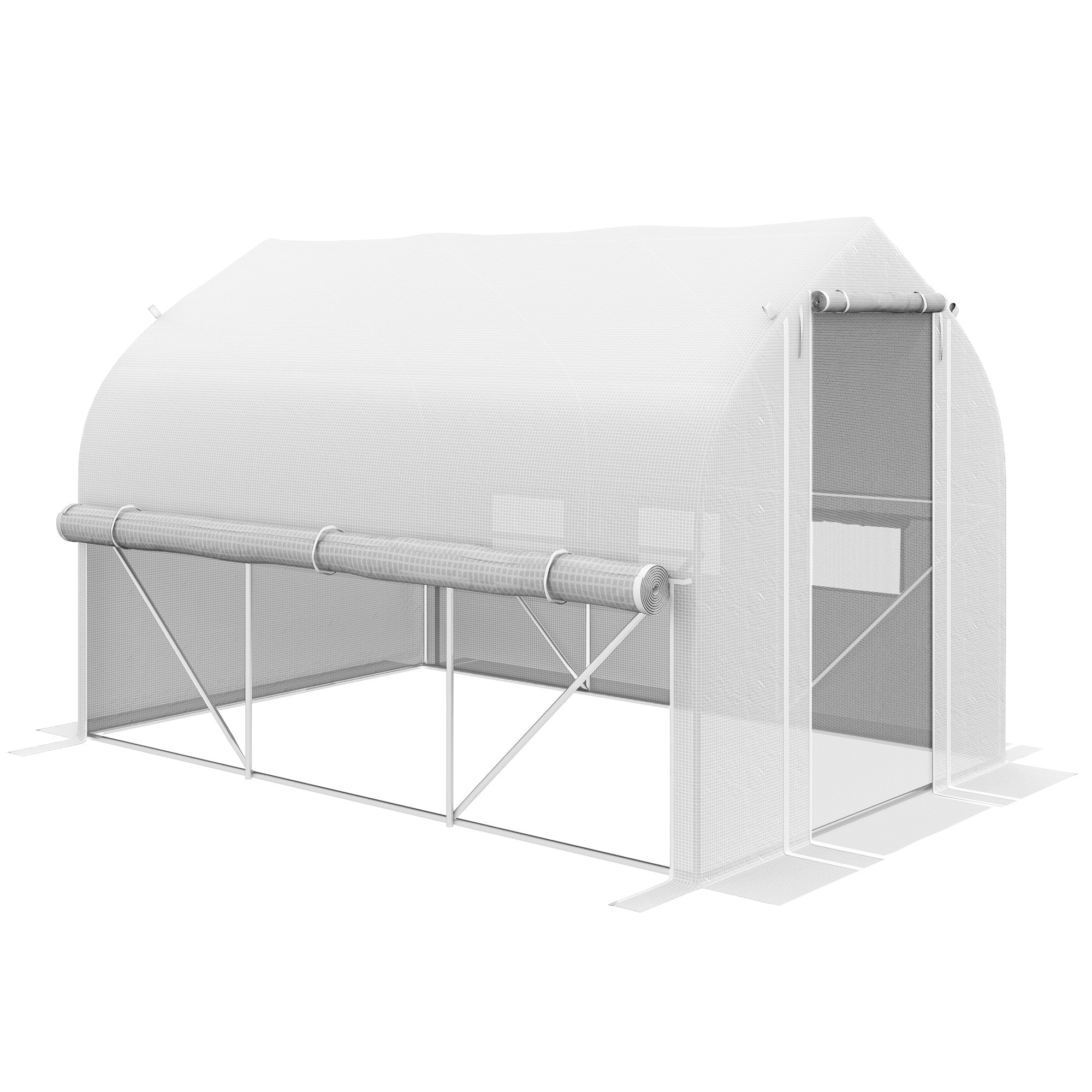 Outsunny 3 x 2(m) Walk-in Polytunnel Greenhouse, Zipped Roll Up Sidewalls, Mesh Door, 6 Mesh Windows, Tunnel Warm House Tent with PE Cover, Complimentary Plant Labels and Gloves, White - North Peak Garden Furniture