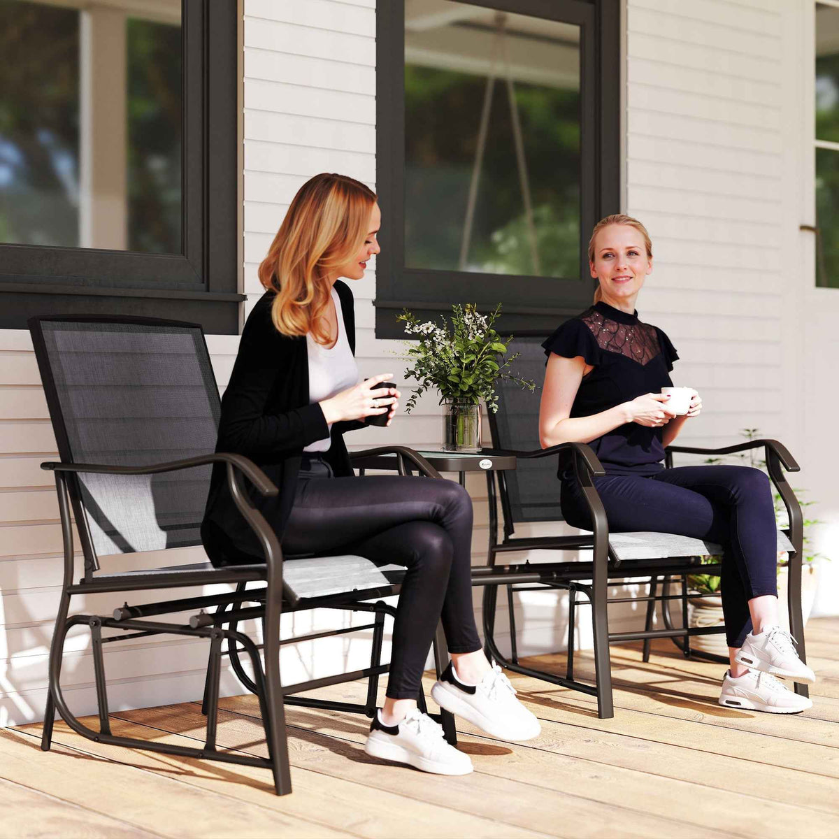 Outsunny Gliding Jack and Jill Seat, with Glass-Top Table - Brown/Grey