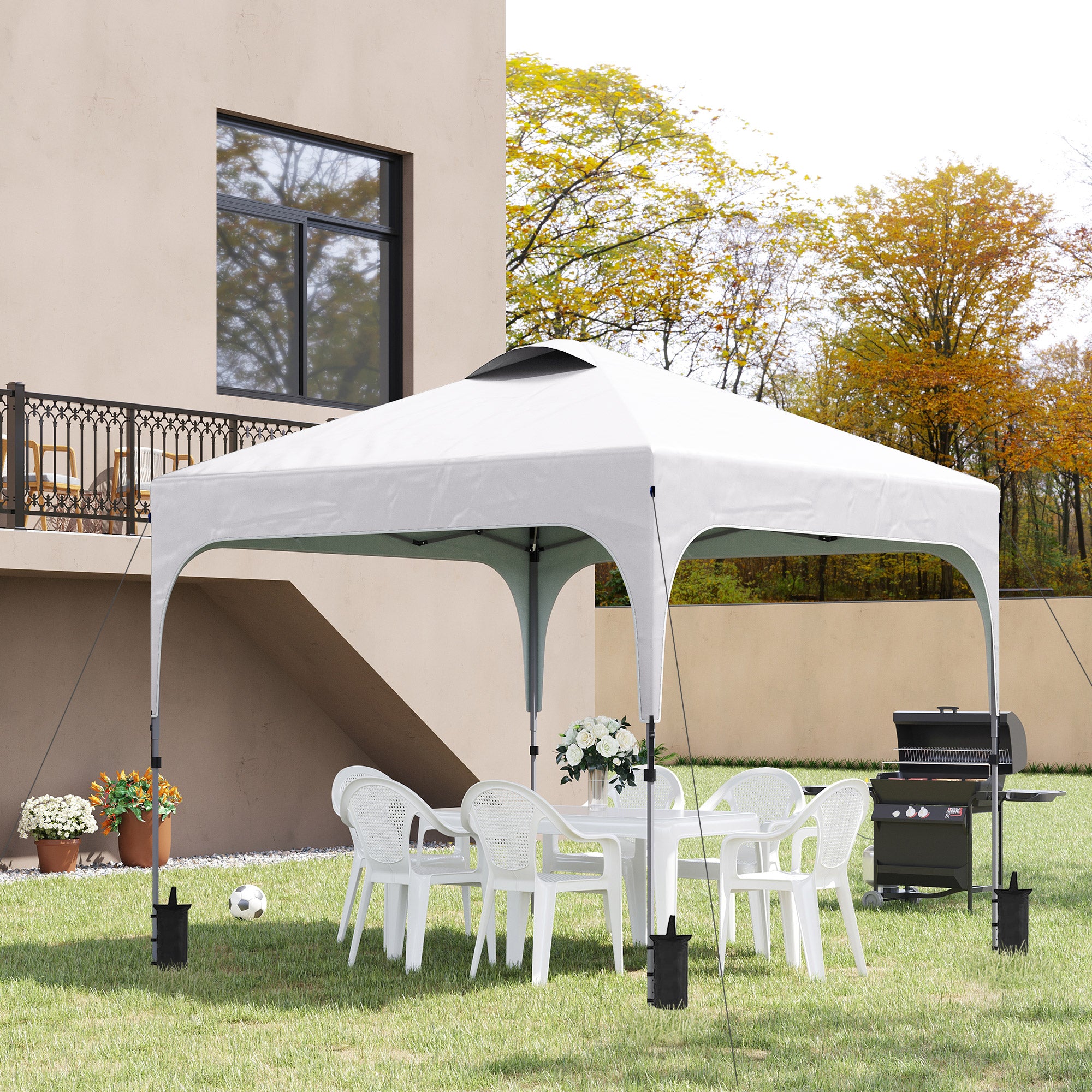 Outsunny 3 x 3 (M) Pop Up Gazebo, UPF 50+ Foldable Canopy Tent with Carry Bag with Wheels and 4 Leg Weight Bags, Height Adjustable, for Outdoor Garden Patio Party, White - North Peak Garden Furniture