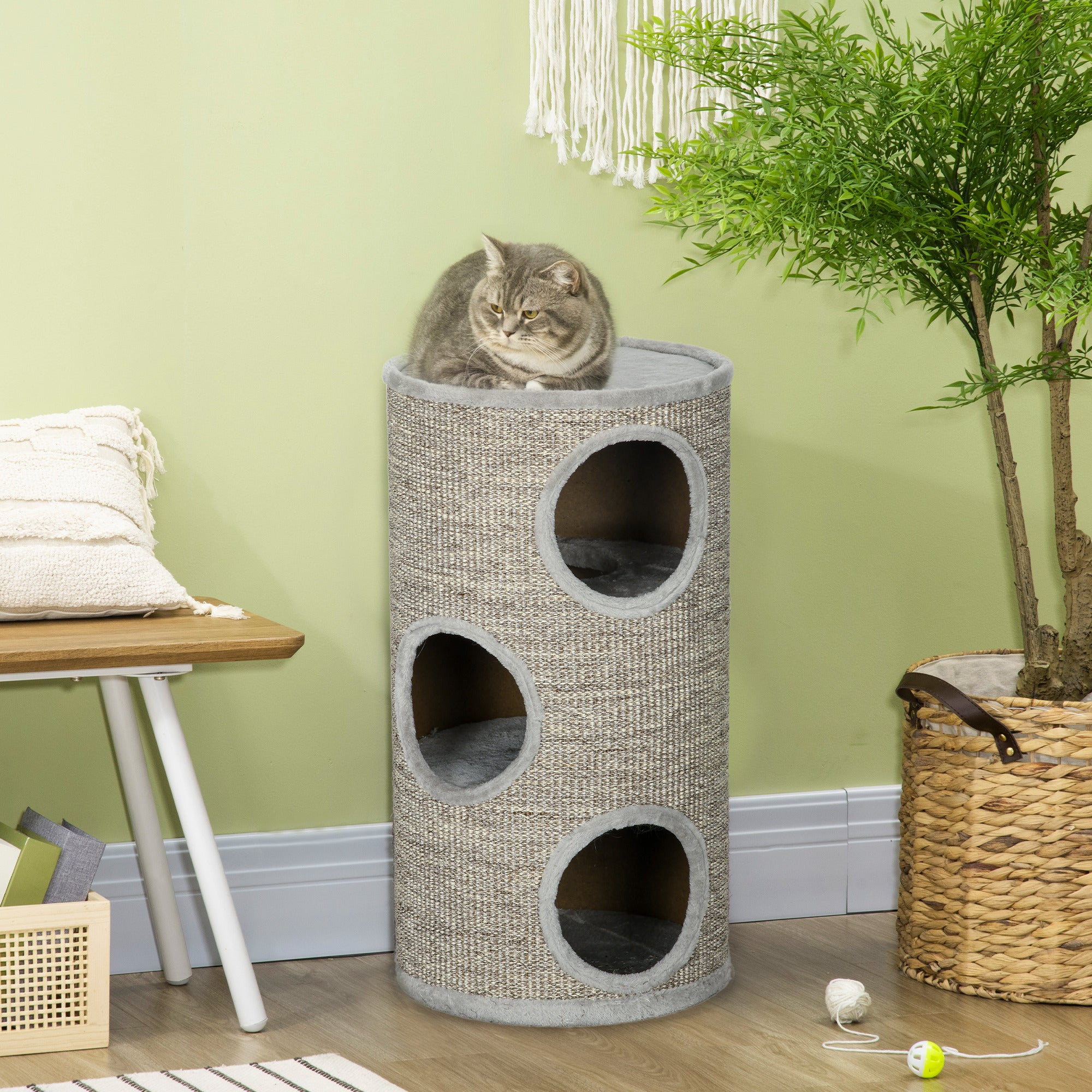PawHut Cat Climbing Frame, Covered with Sisal, Cosy Platform - Light Grey - North Peak Garden Furniture