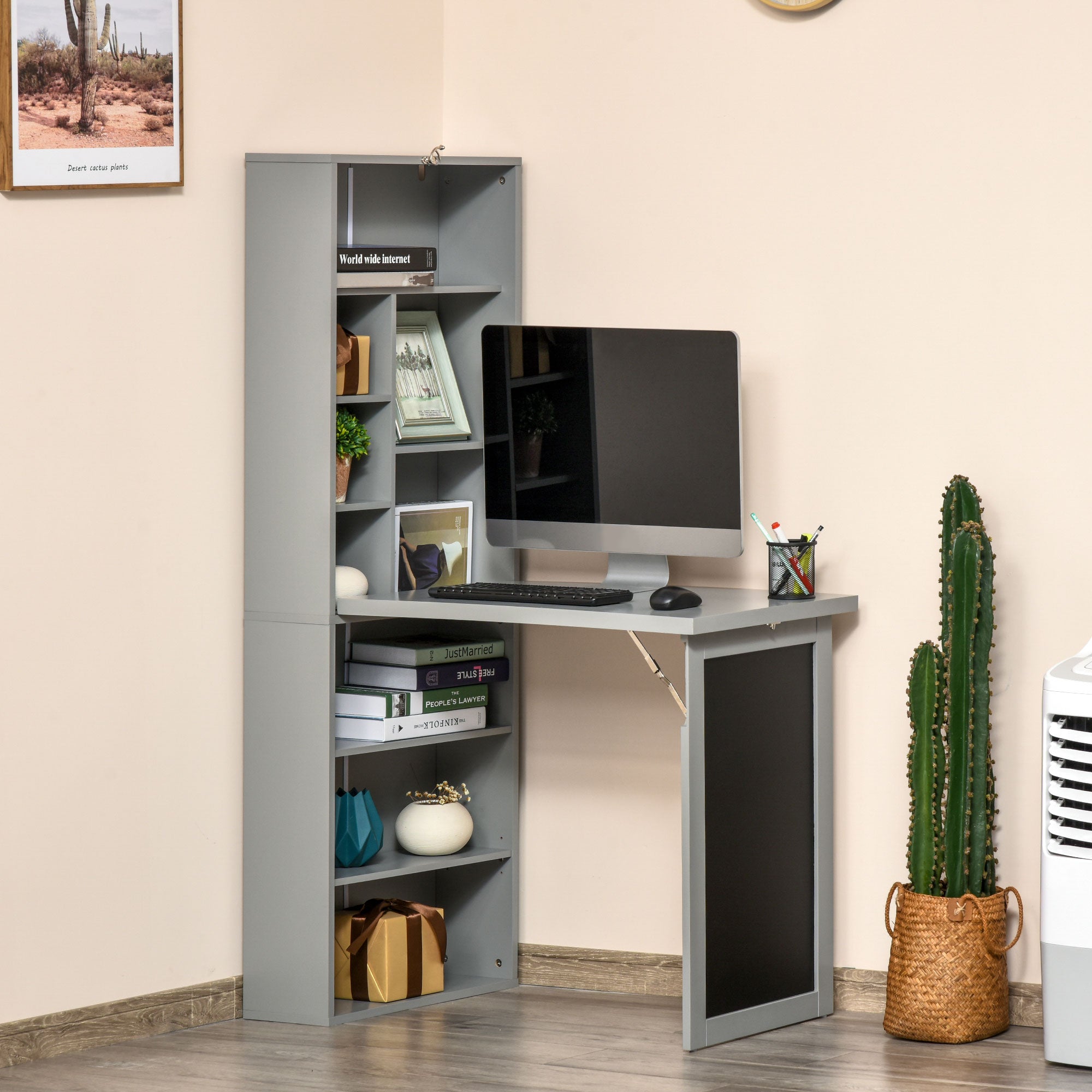 HOMCOM Folding Convertible Desk with Blackboard Multi-function Computer Office Workstation Side Shelf for Home Office, Grey - North Peak Garden Furniture