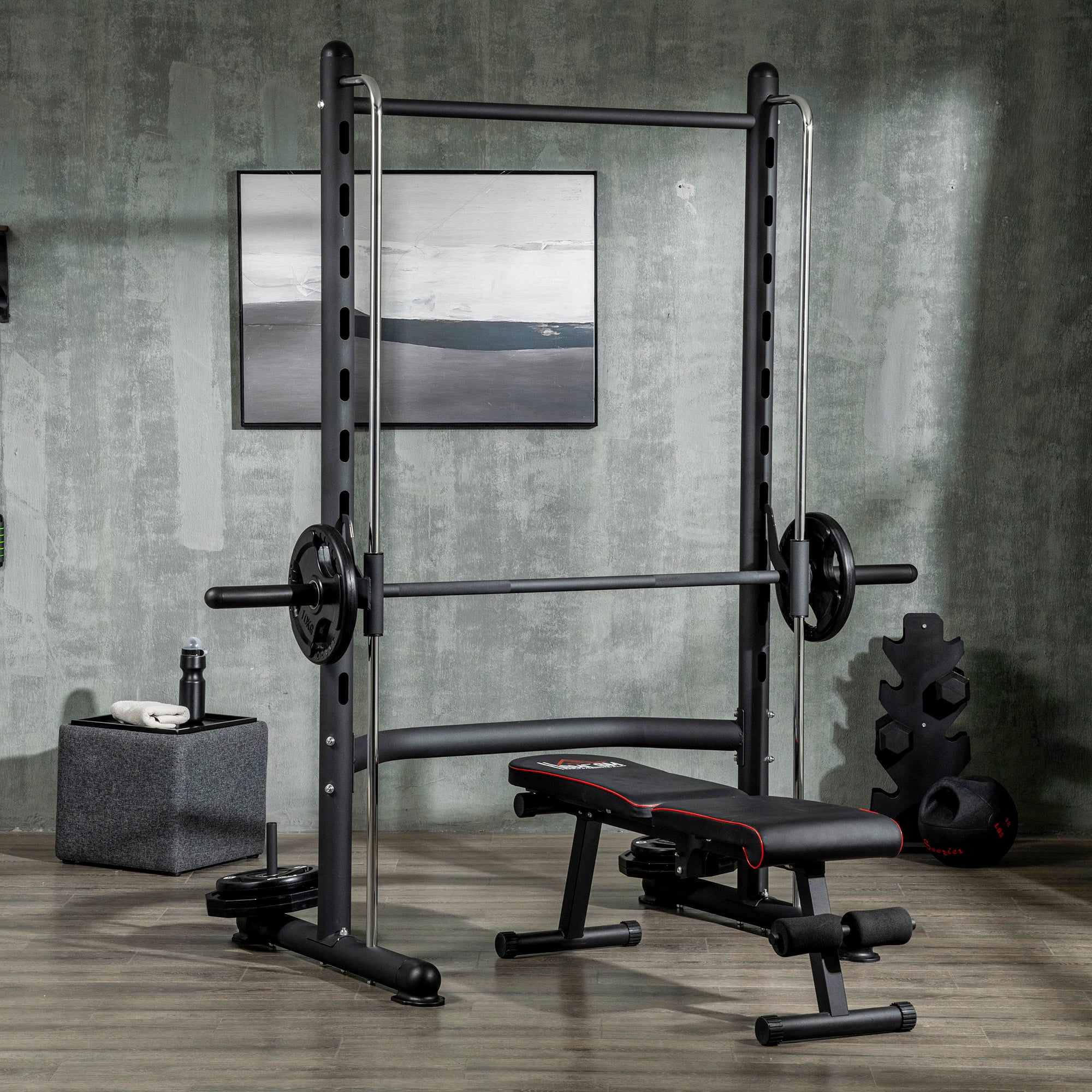 HOMCOM Adjustable Squat Rack, with Pull Up Bar, Barbell Bar for Home Gym - North Peak Garden Furniture