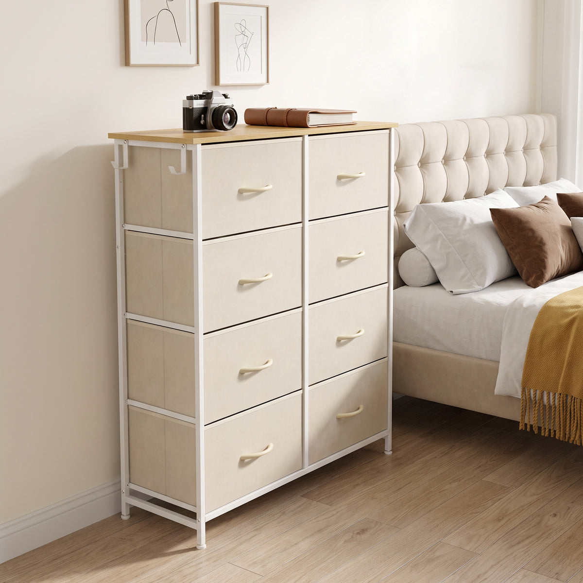 HOMCOM Chest of Drawers, Dresser with 8 Fabric Drawers, Tall Storage Unit with 4 Pockets and 2 Hooks Steel Frame, Beige