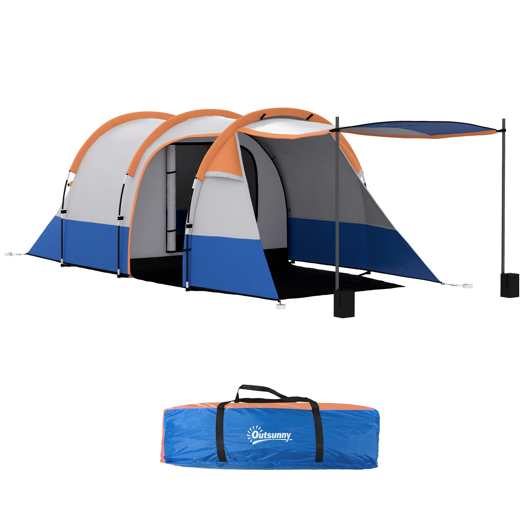 Outsunny Camping Tent, Large Tunnel Tent with Bedroom and Living Area, 2000mm Waterproof, Portable with Bag for 2-3 Man, Orange - North Peak Garden Furniture