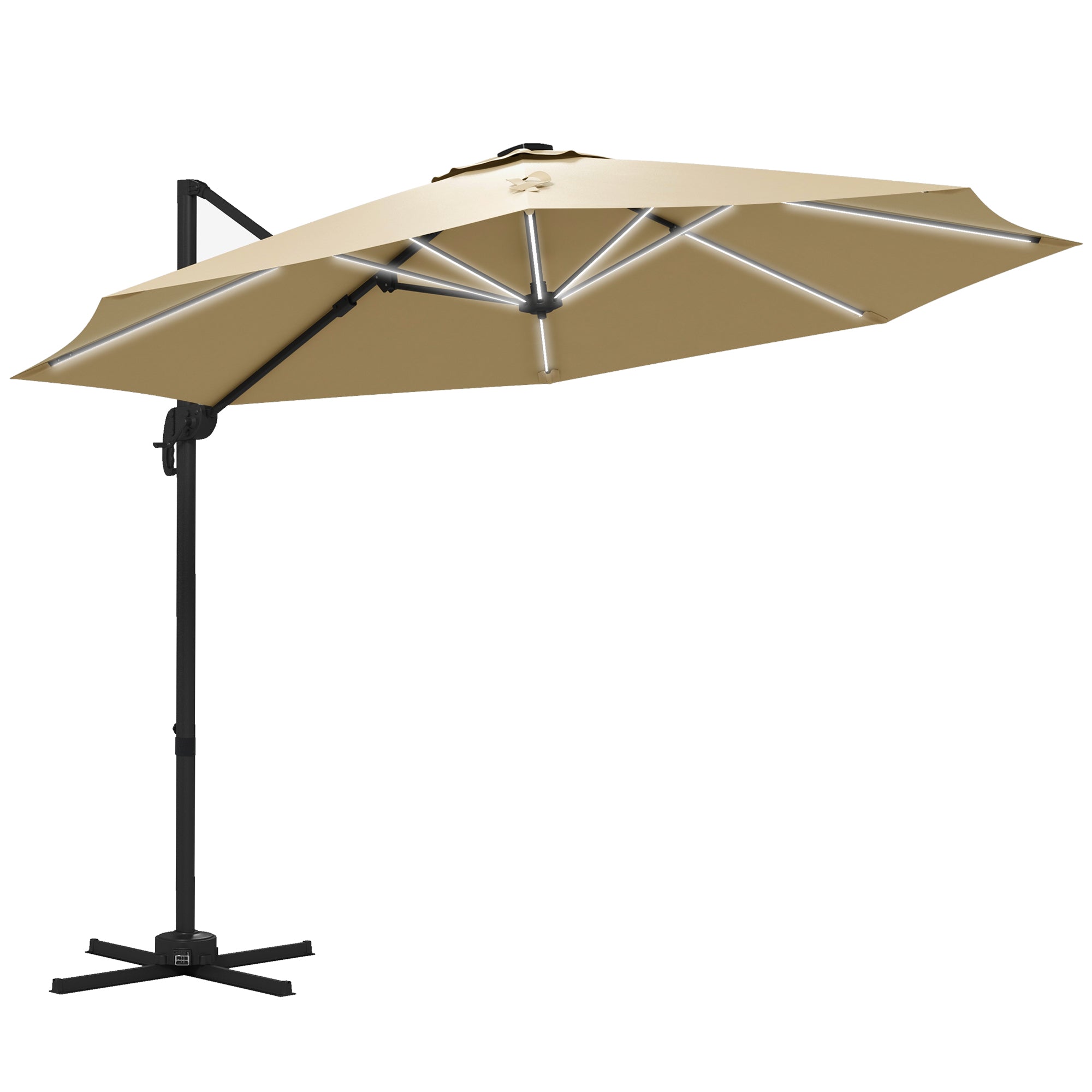 Outsunny 3(m) Adjustable Cantilever Parasol with Base, Solar LED Lights, Khaki - North Peak Garden Furniture