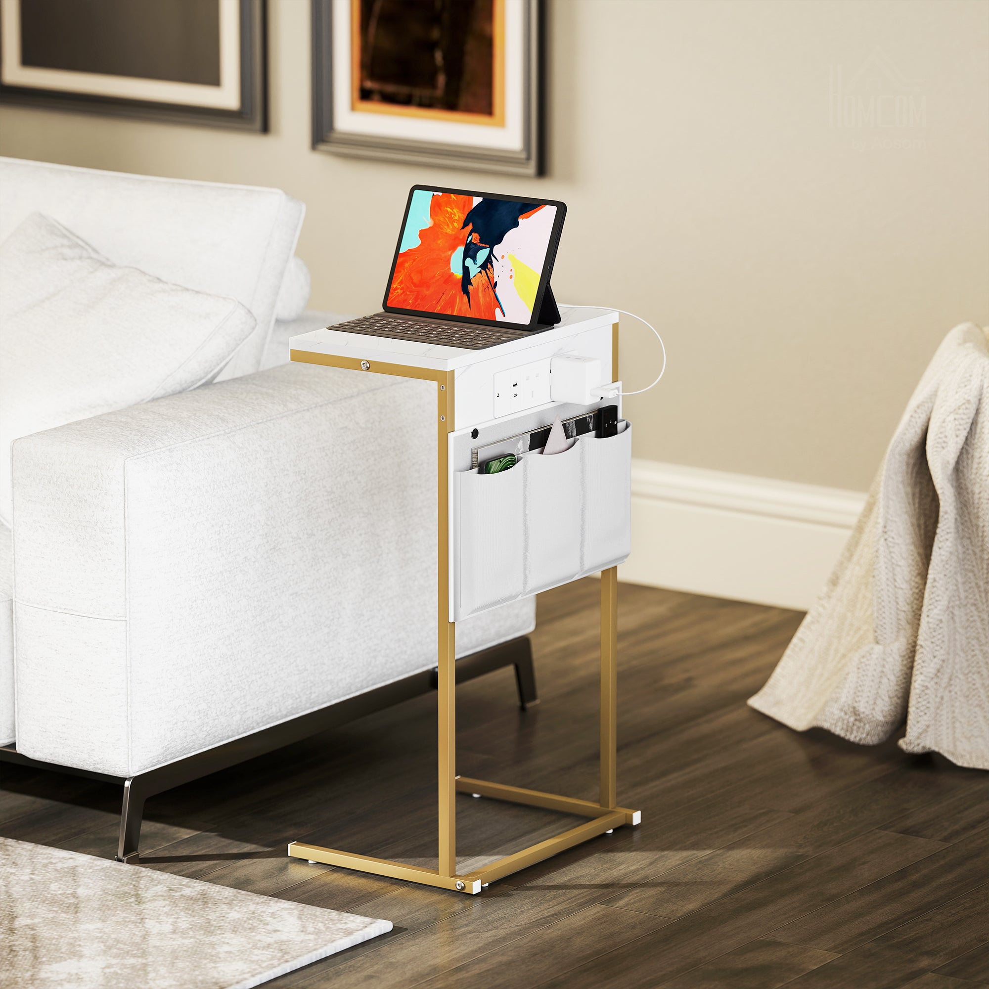 HOMCOM C-Shaped Bedside Table with Charging Station, Marble Grain Side Table with Power Outlets & USB Ports, Storage Bags, for Bedroom, Living Room, White - North Peak Garden Furniture