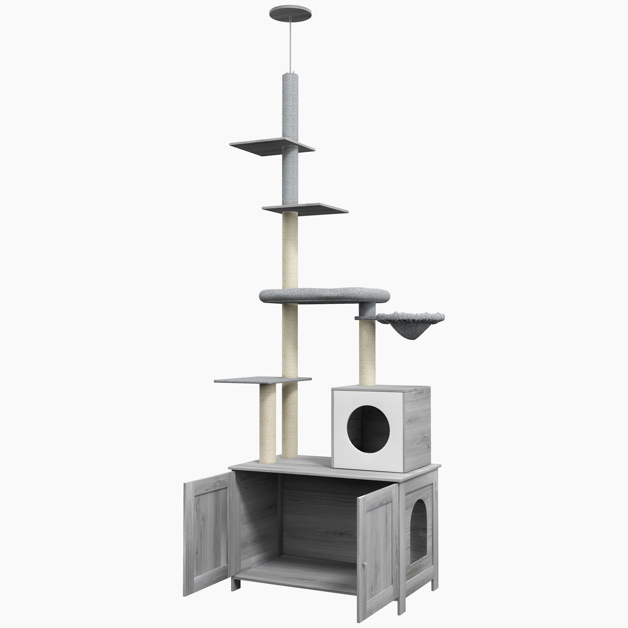 PawHut 2-in-1 Floor-To-Ceiling Cat Tree with Hidden Litter Box, for Indoor Use - Grey - North Peak Garden Furniture