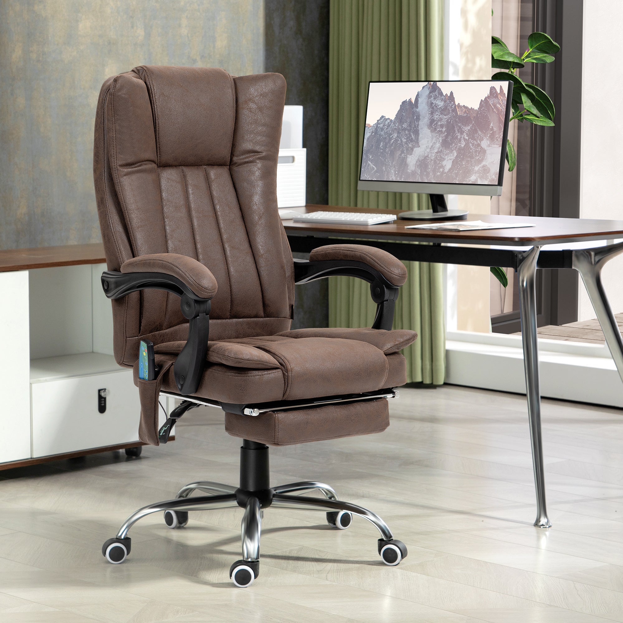 Vinsetto Vibrating Massage Office Chair with Heat, Desk Chair with Height Adjustable and Footrest, Dark Brown - North Peak Garden Furniture