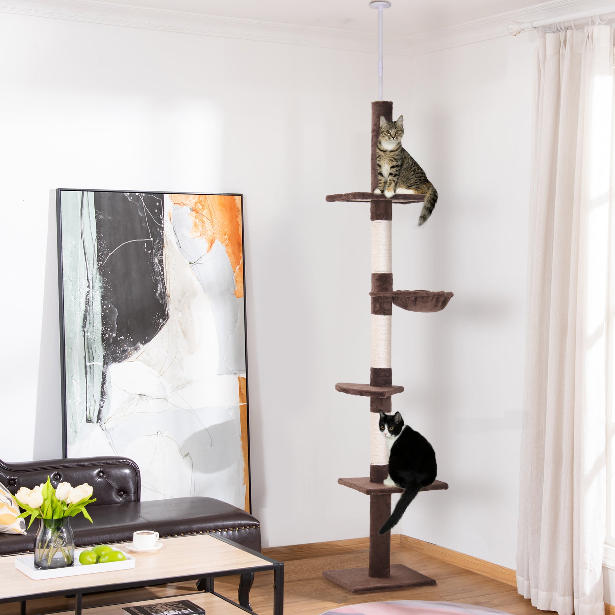 PawHut Floor to Ceiling Cat Tree for Indoor Cats 5-Tier Kitty Tower Climbing Activity Center Scratching Post Adjustable Height 230-260 cm Brown - North Peak Garden Furniture