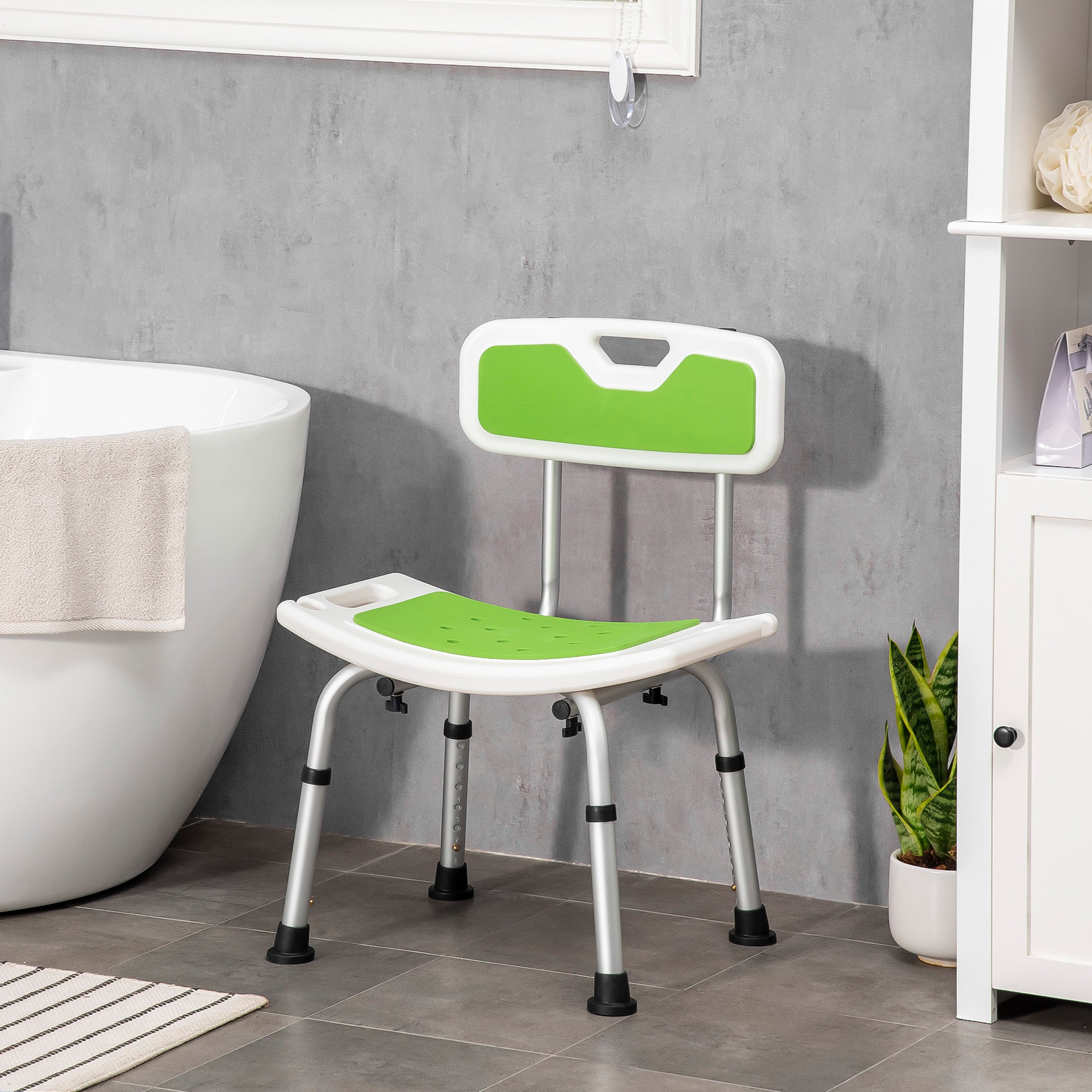 HOMCOM Shower Stool with Backrest, Height Adjustable Shower Chair with Anti-slip Foot Pads, Shower Head Holder, Green - North Peak Garden Furniture