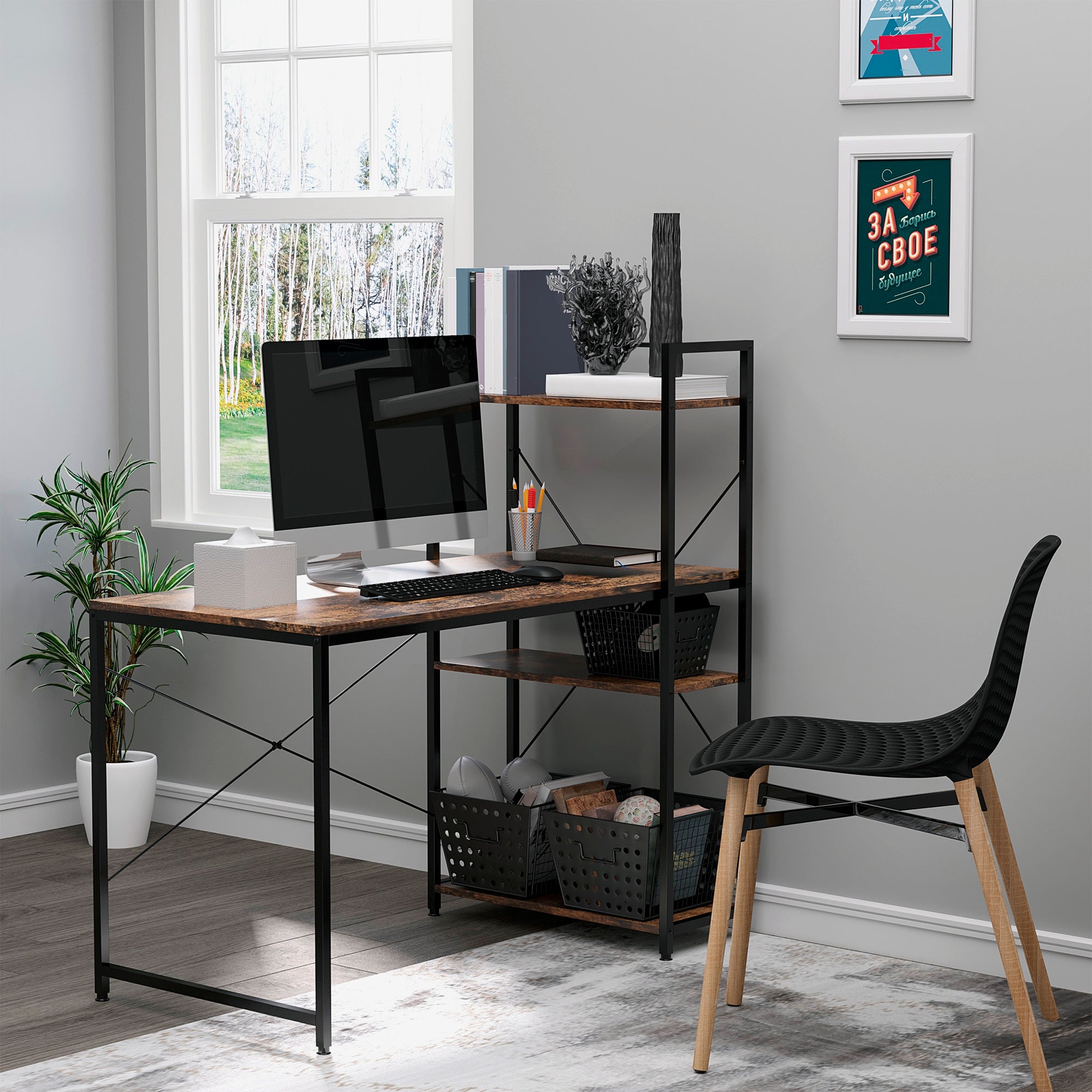 HOMCOM Reversible Computer Desk with Storage Shelves on Left or Right, Industrial Reversible Writing Desk for Home Office, Study, Easy Assembly, 120 x 64 x 121cm, Rustic Brown and Black - North Peak Garden Furniture
