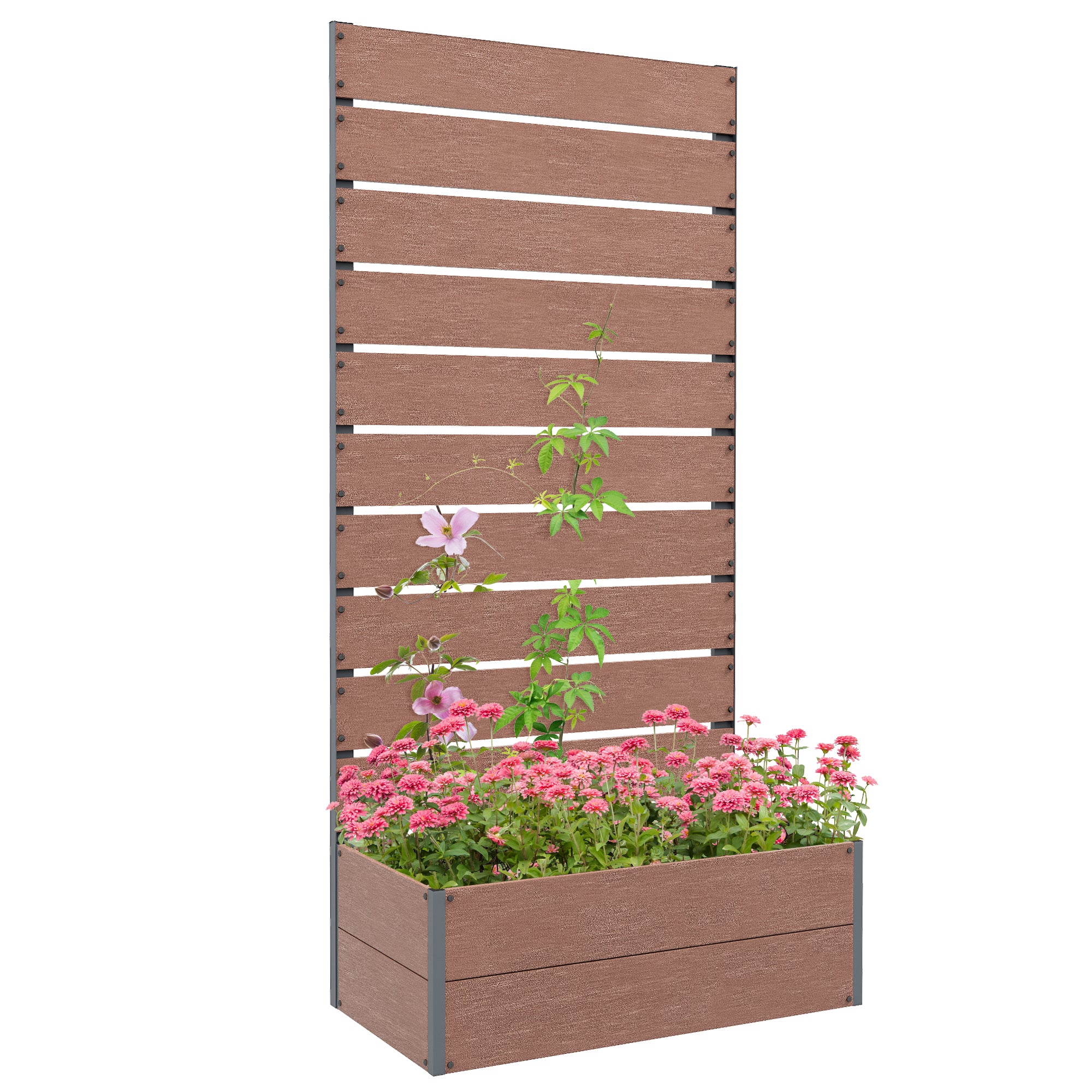 Outsunny 34 x 69.5cm Garden Planter Box, with Back Trellis - Brown - North Peak Garden Furniture