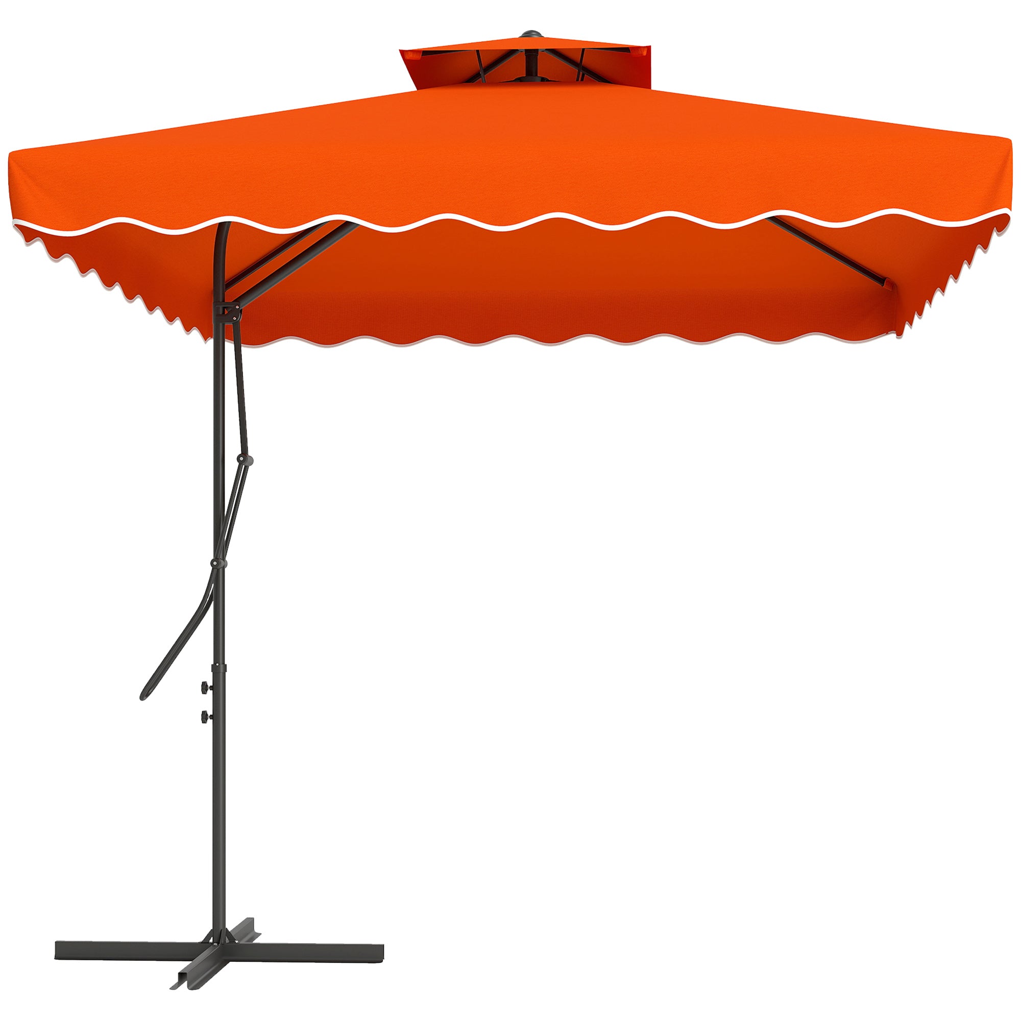 Outsunny 2.5m Cantilever Parasol with Easy Lever, Square Double Top Garden Parasol Umbrella with Ruffles and Cross Base, Overhanging Outdoor Sun Shades, Orange - North Peak Garden Furniture
