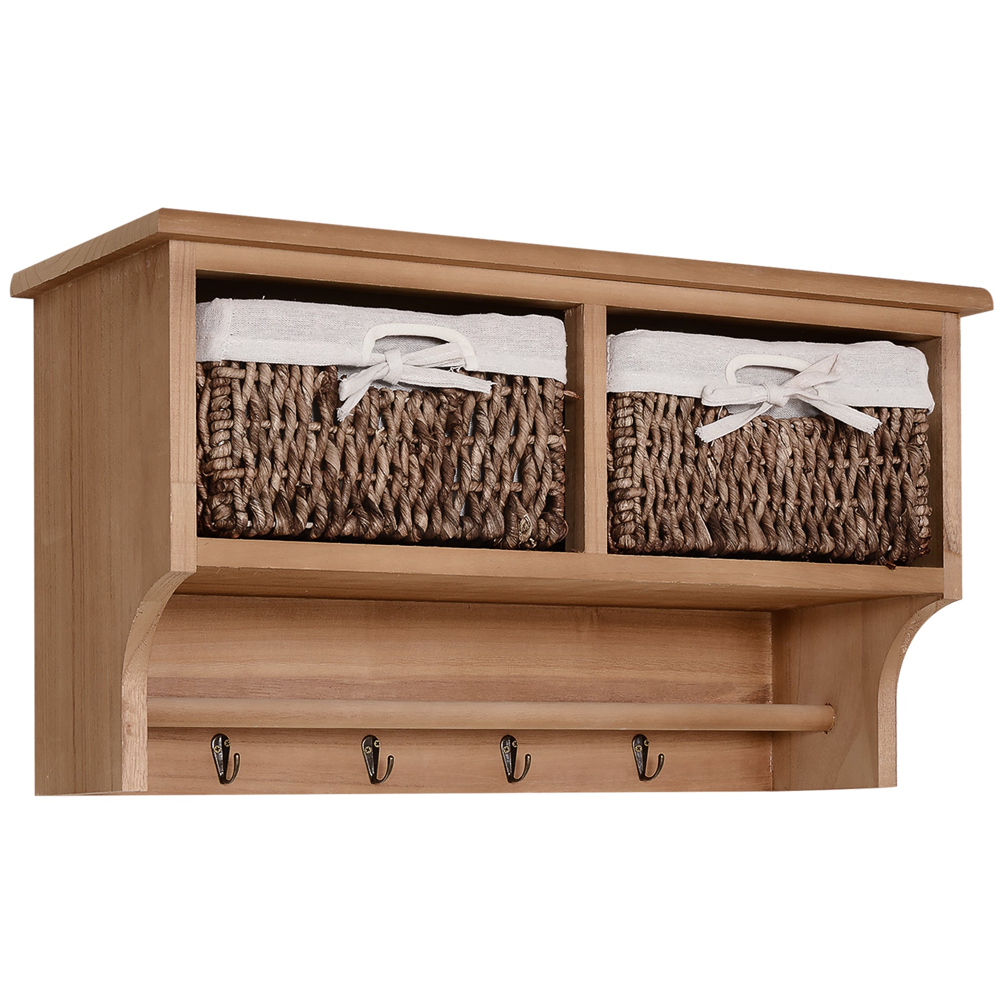 HOMCOM Entryway Coat Rack Wall Mounted Shelf w/ 2 Corn Husk Baskets and Hooks, Brown - North Peak Garden Furniture