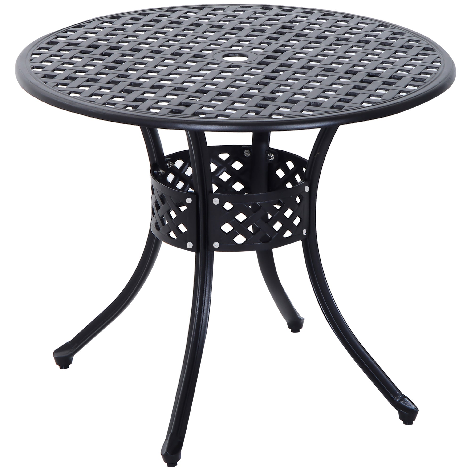 Outsunny 85cm Round Garden Table with Umbrella Hole, Aluminium Grid Motif Outdoor Dining Table for Garden Patio, Black - North Peak Garden Furniture