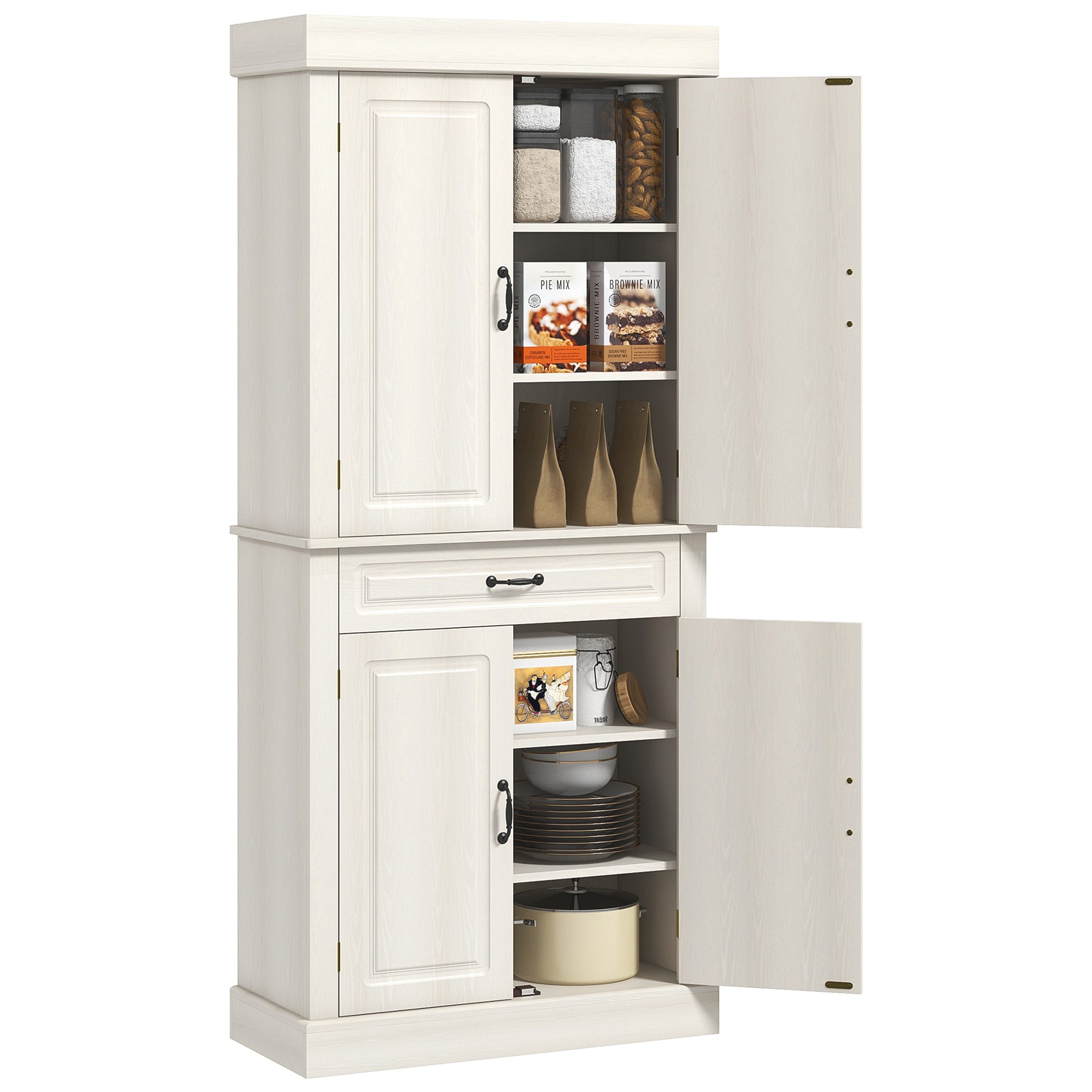 HOMCOM Kitchen Cupboard with 4 Doors, Freestanding Storage Cabinet with Wide Drawer and Shelves for Living Room, 180cm, White Wood Grain - North Peak Garden Furniture