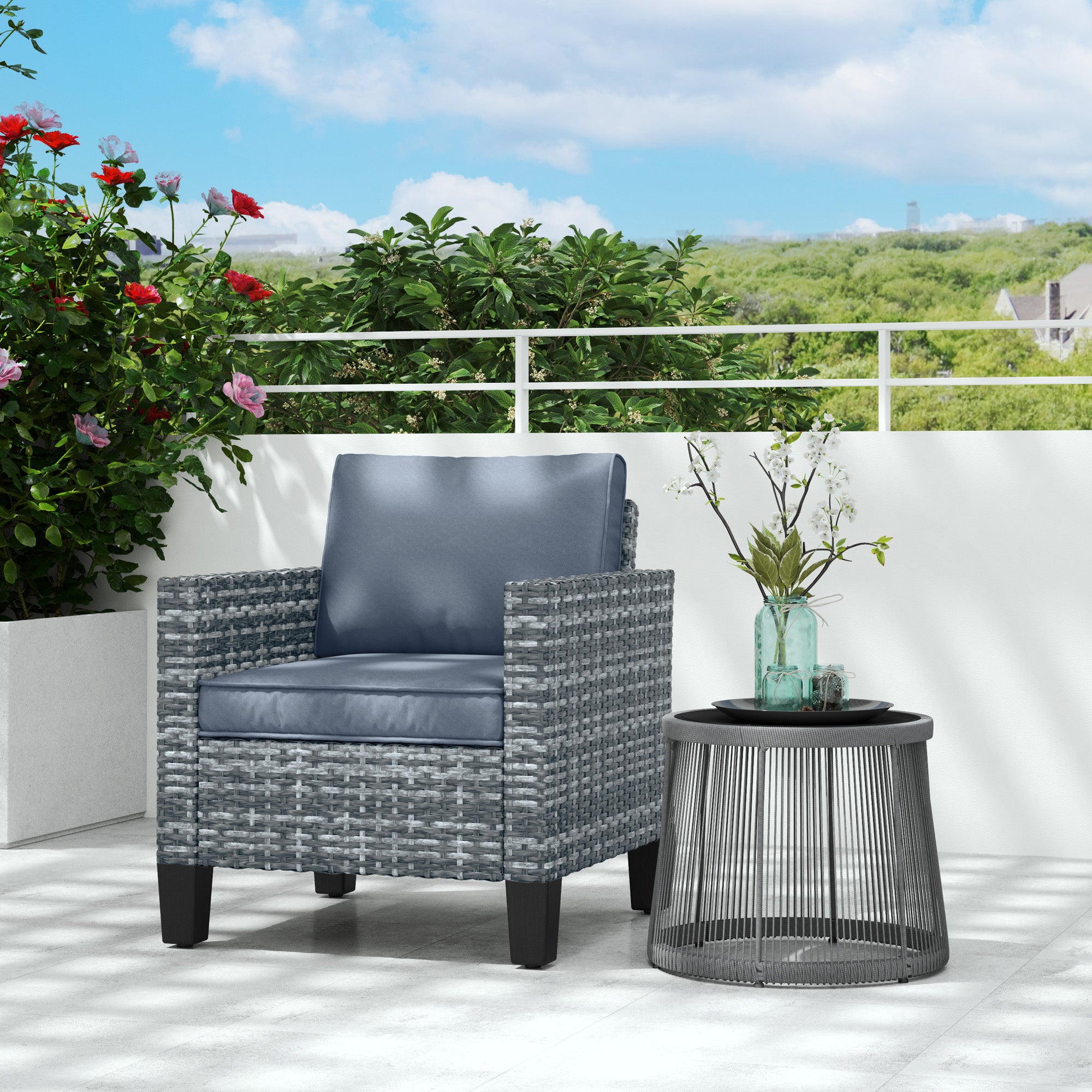 Outsunny Single Rattan Armchair, with Cushions - Light Grey - North Peak Garden Furniture