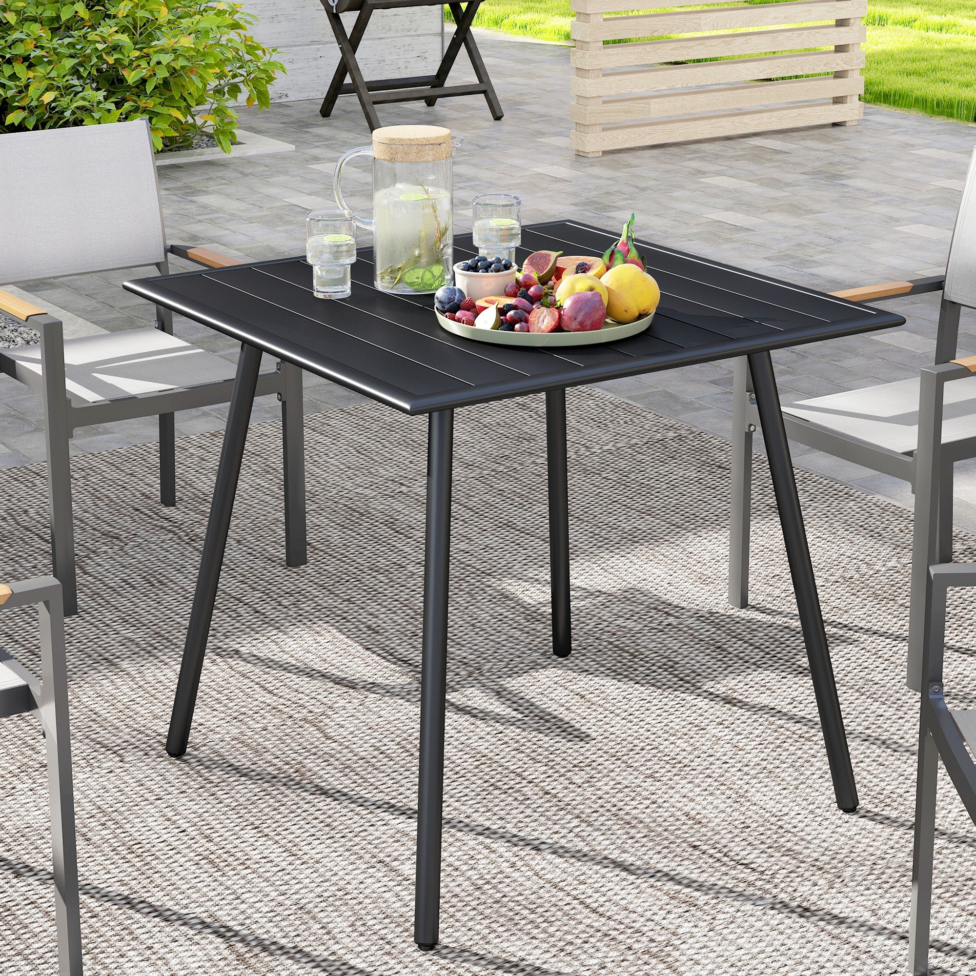 Outsunny Square Garden Table with Slat Top, Steel Frame, Outdoor Table for 4 Person, 80 x 80 x 74 cm, Black - North Peak Garden Furniture