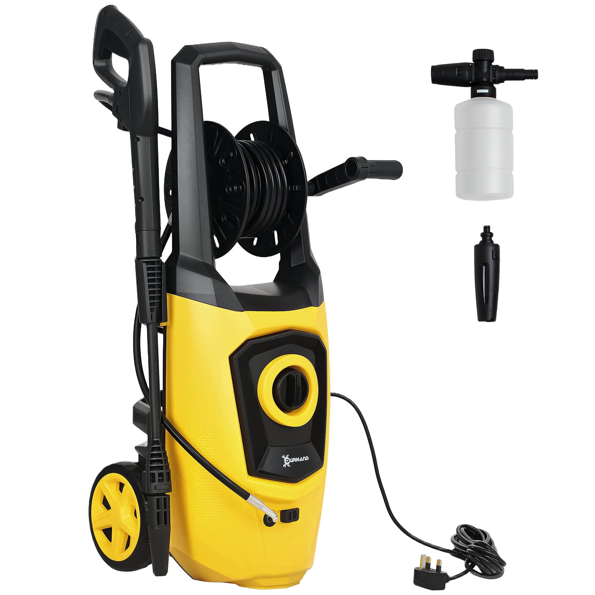 DURHAND 1800W High Pressure Washer, 150 Bar Pressure, 510 L/h Flow, High-Performance Portable Power Washer Jet Wash Cleaner with 6M Hose and Hose Reel for Garden, Car, Furniture, Yellow - North Peak Garden Furniture