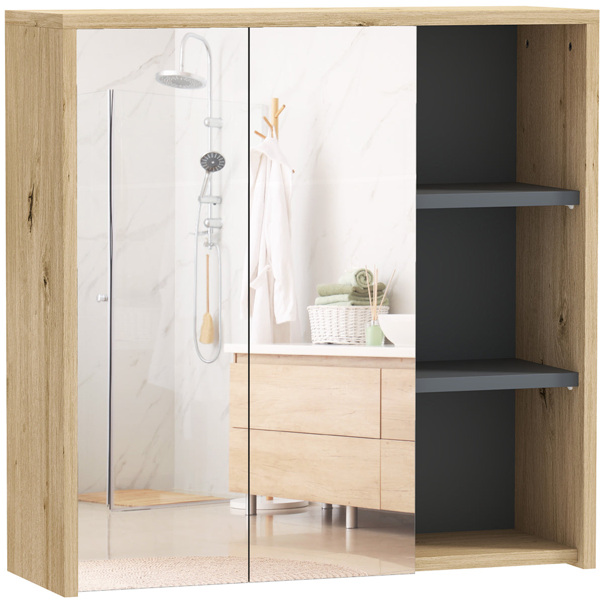 HOMCOM Five-Shelf Mirrored Bathroom Cabinet - Wood-Effect
