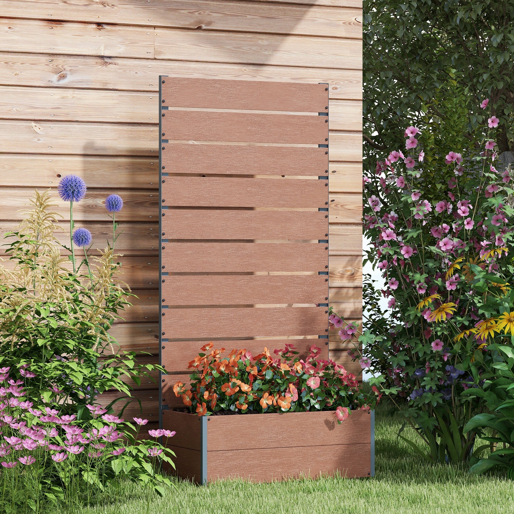 Outsunny 34 x 69.5cm Garden Planter Box, with Back Trellis - Brown - North Peak Garden Furniture