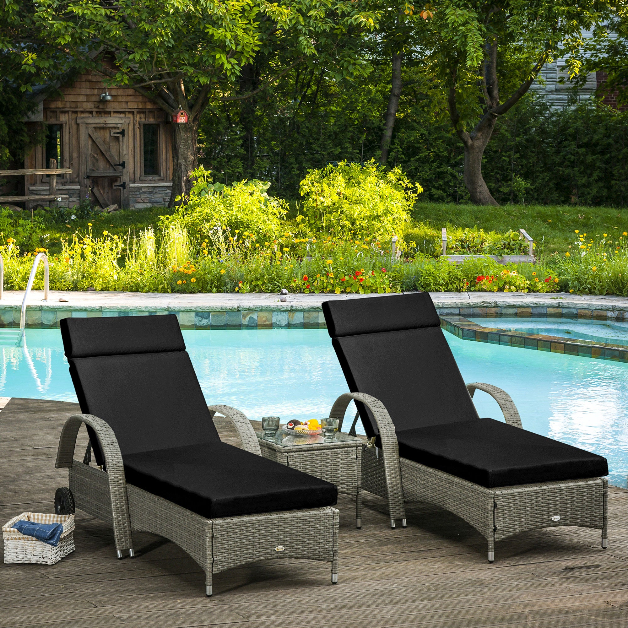 Outsunny Set of 2 Sun Lounger Cushions, Replacement Cushions for Rattan Furniture with Ties, 196 x 55 cm, Black - North Peak Garden Furniture