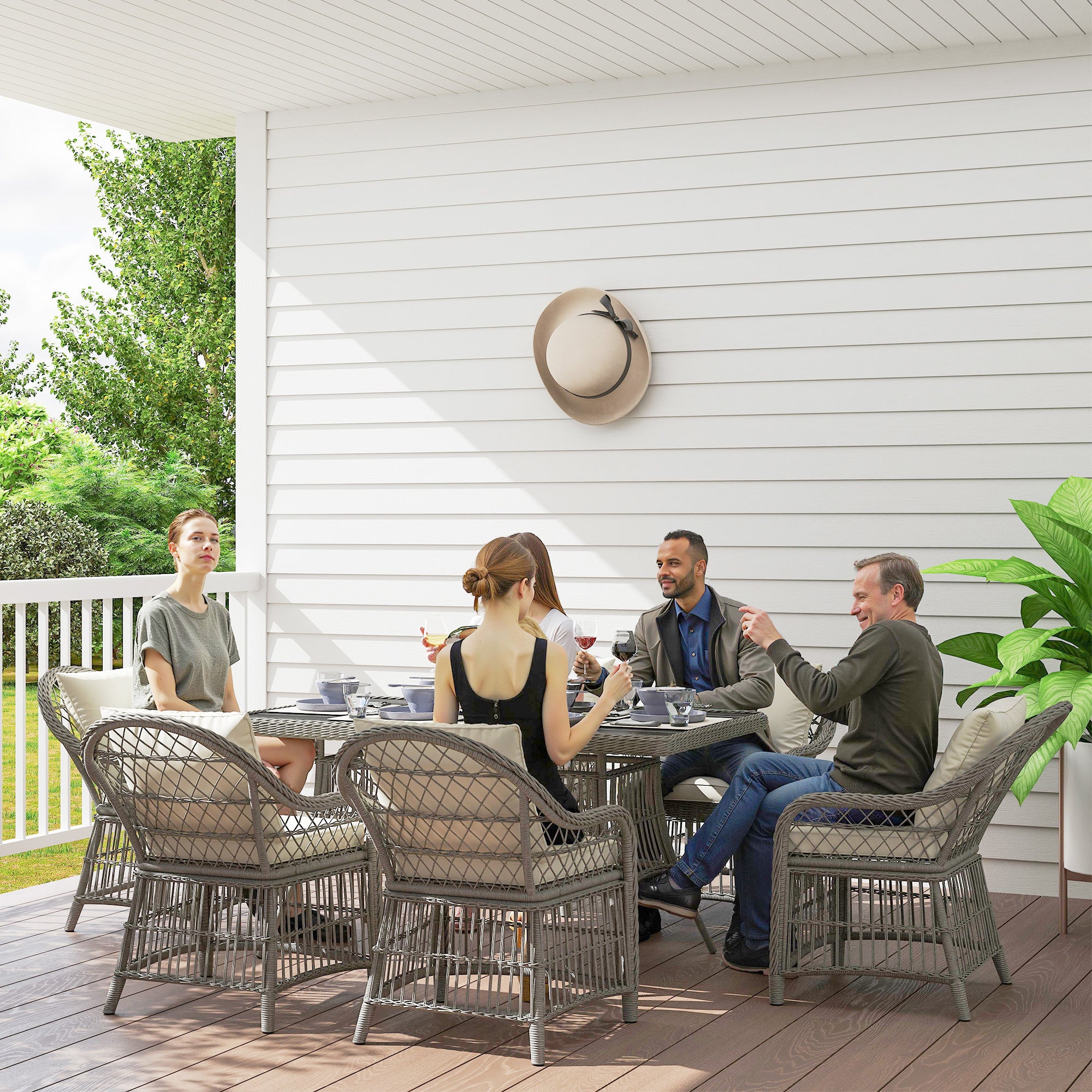 Outsunny Rattan Dining Set with Seat and Back Cushions, 6 Seater Garden Furniture Set with Aluminium Frame, 6 Chairs, WPC Top Rectangle Table, Conservatory Wicker Patio Furniture, Grey - North Peak Garden Furniture