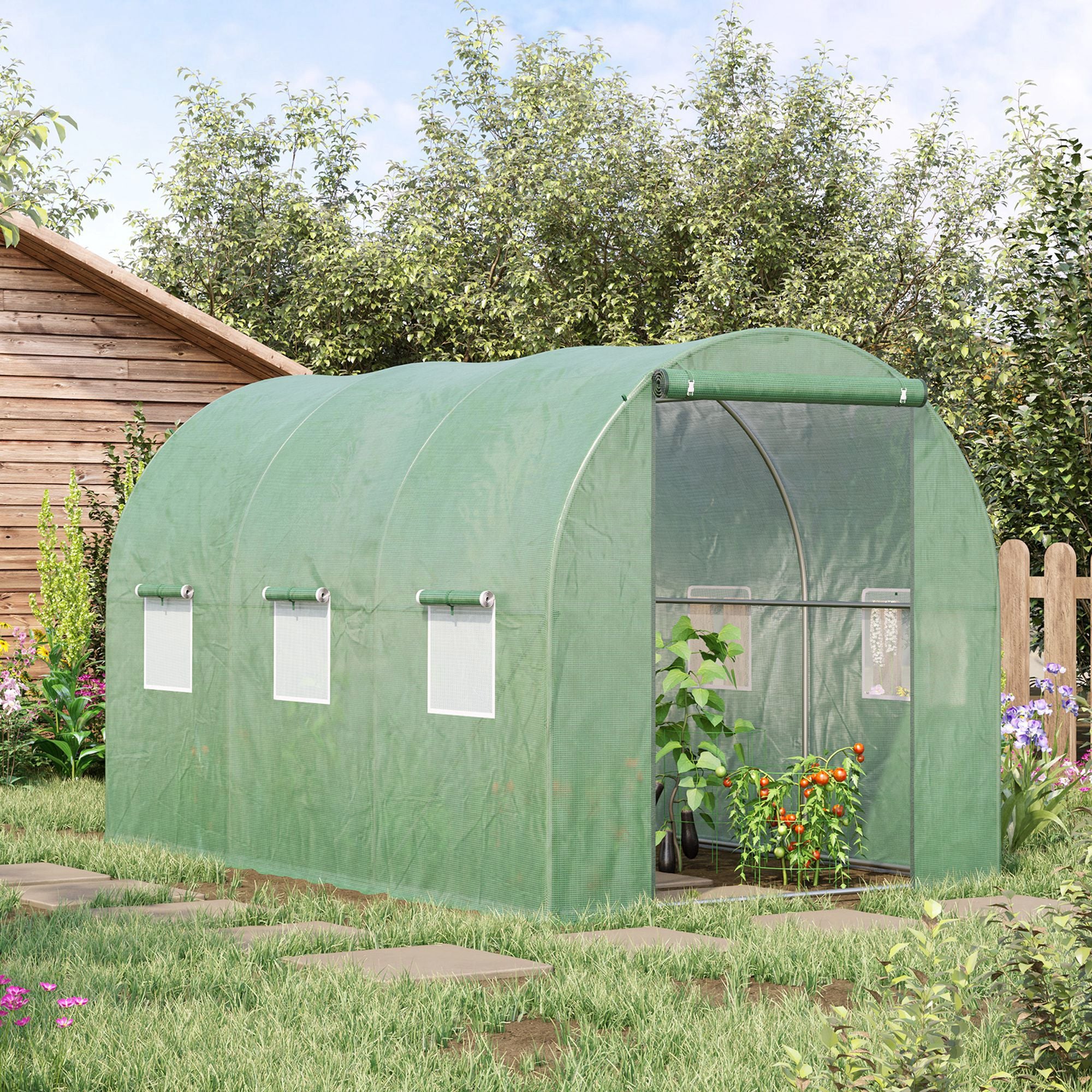 Outsunny Walk-in Polytunnel Greenhouse, Outdoor Garden Tunnel Greenhouse Tent with Zipped Roll-Up Door and 6 Mesh Windows, 3 x 2M - North Peak Garden Furniture