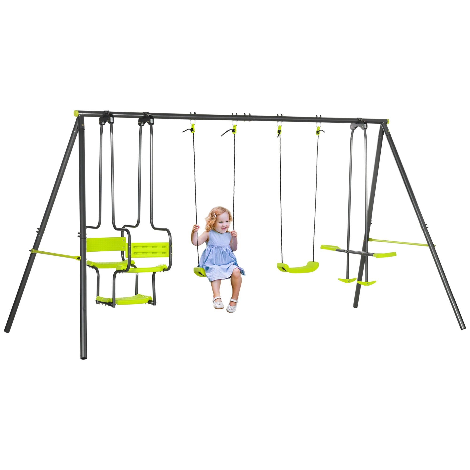 Outsunny Metal Garden Swing Set with Double Swings, Glider, Swing Seats - Green - North Peak Garden Furniture