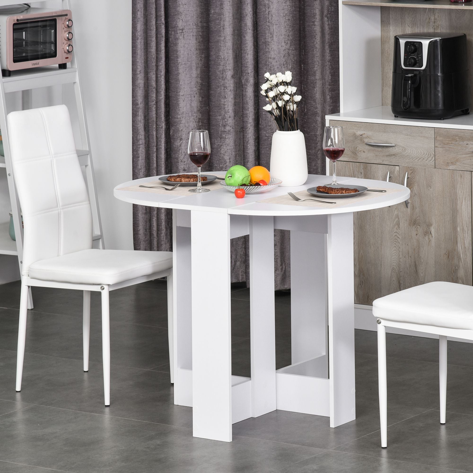 HOMCOM Space-saving Drop Leaf Table, Folding Dining Table for Small Space, Kitchen, Dining Room, White - North Peak Garden Furniture