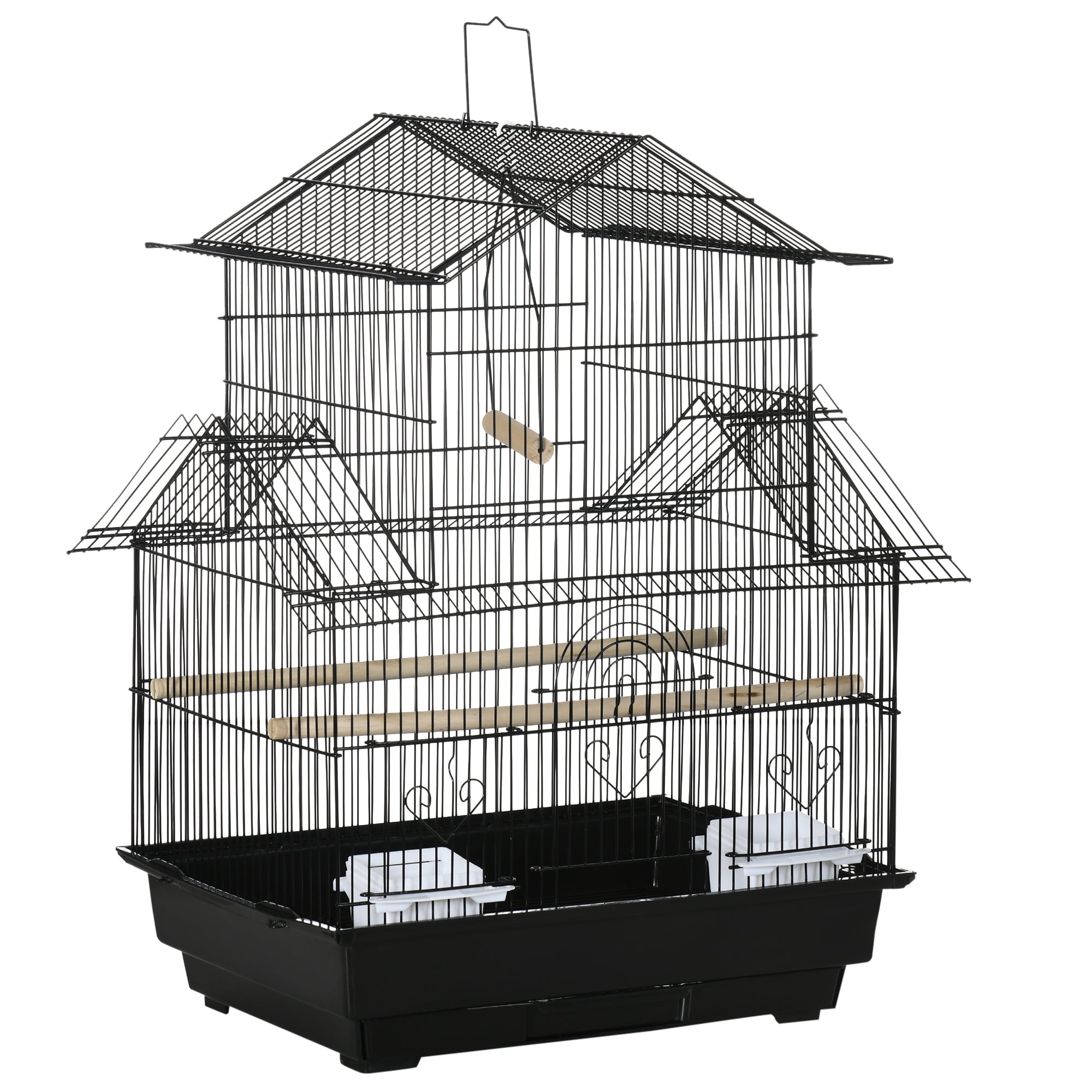 PawHut Metal Bird Cage with Plastic Swing Perch Food Container Tray Handle for Finch Canary Budgie 50.5 x 40 x 63cm Black - North Peak Garden Furniture