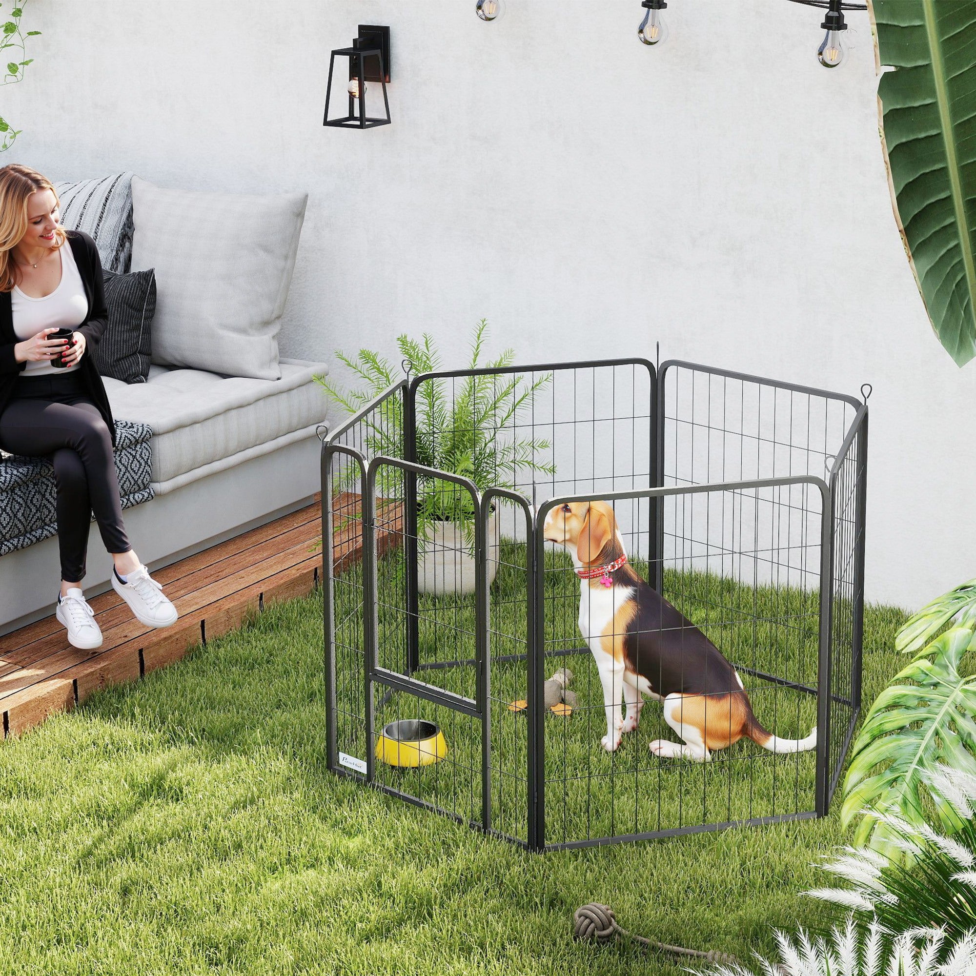 PawHut 6 Panels Heavy Duty Dog Playpen with Secure Door, for Indoor Outdoor, for Garden, Camping, 80cm High - North Peak Garden Furniture