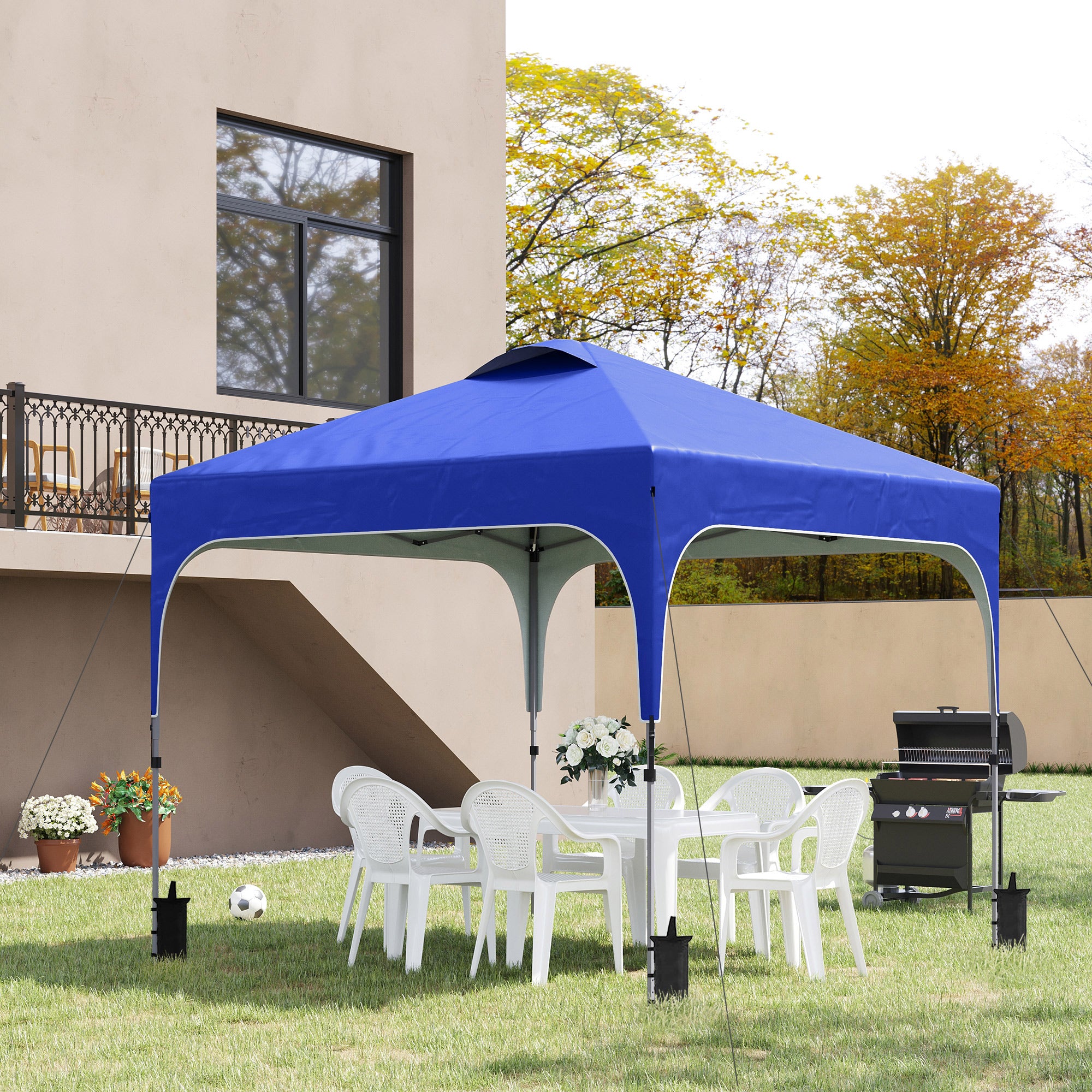 Outsunny 3 x 3 (M) Pop Up Gazebo, UPF 50+ Foldable Canopy Tent with Carry Bag with Wheels and 4 Leg Weight Bags, Height Adjustable, for Outdoor Garden Patio Party, Blue - North Peak Garden Furniture