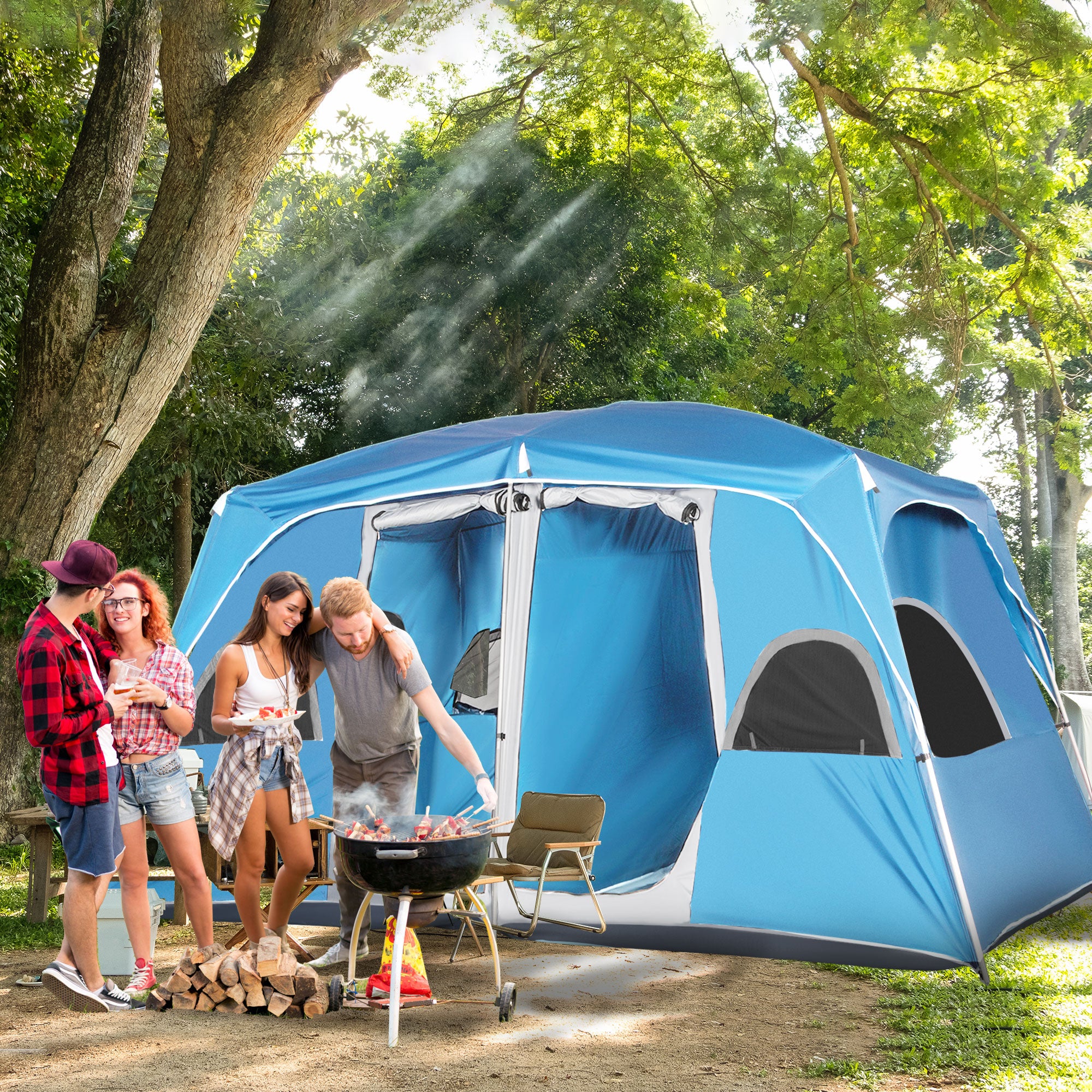 Outsunny 4-8 Person Camping Tent Family Tent with 2 Room, Mesh Windows, Easy Set Up for Backpacking, Hiking, Outdoor, Blue - North Peak Garden Furniture