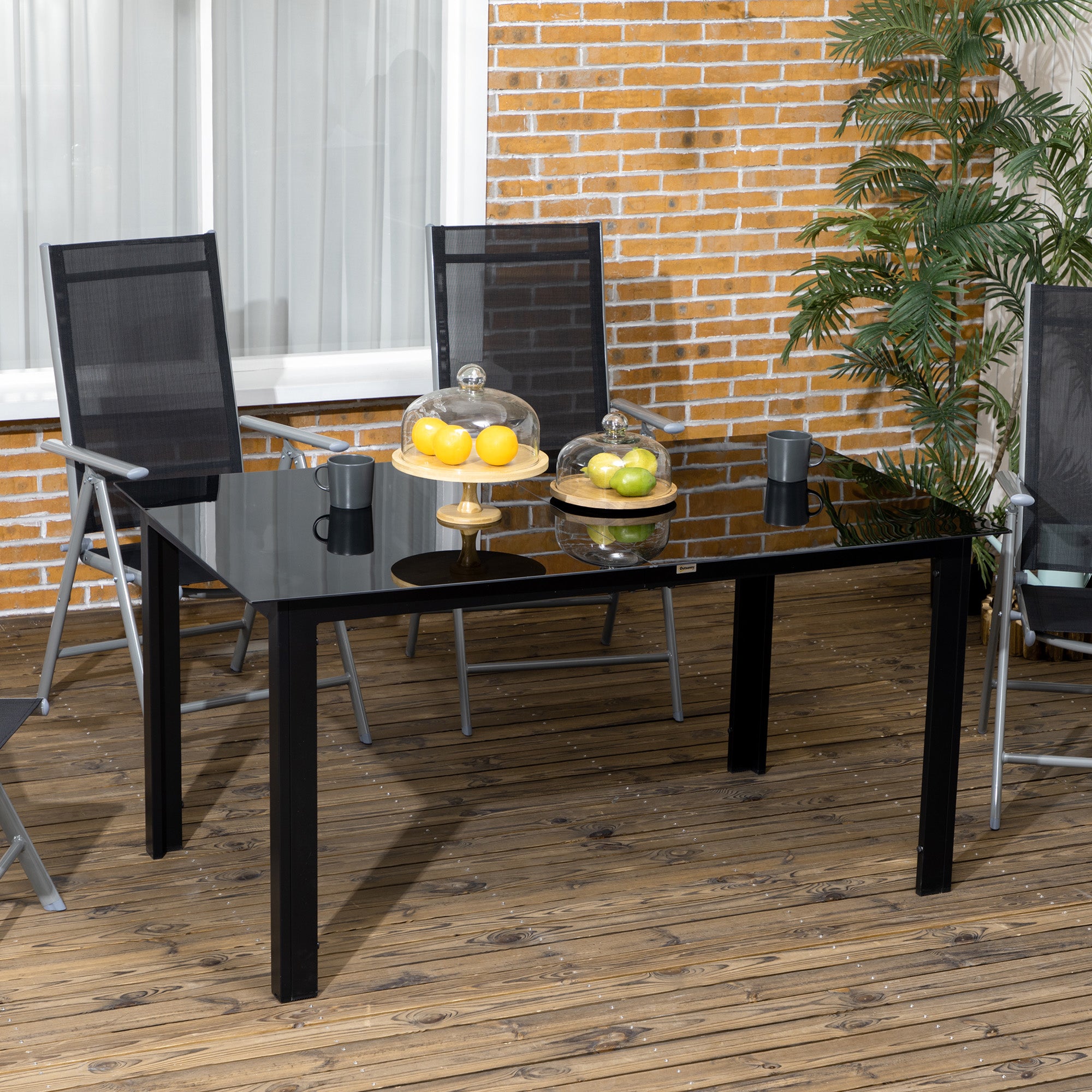 Outsunny Outdoor Dining Table for 6, Aluminium Rectangular Garden Table with Tempered Glass Tabletop for Yard, Patio, Black - North Peak Garden Furniture
