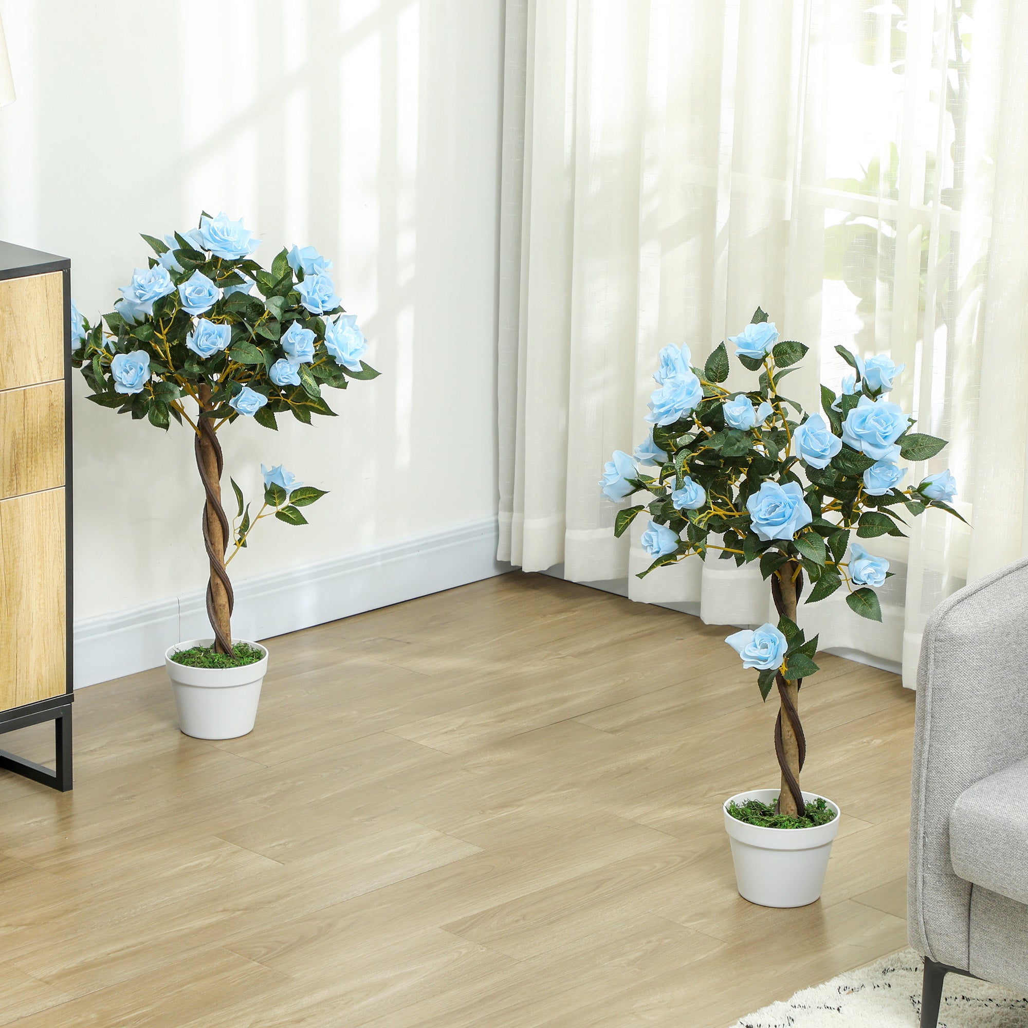 Outsunny Set of 2 Artificial Plants White Rose Floral in Pot, Fake Plants for Home Indoor Outdoor Decor, 90cm, Light Blue - North Peak Garden Furniture