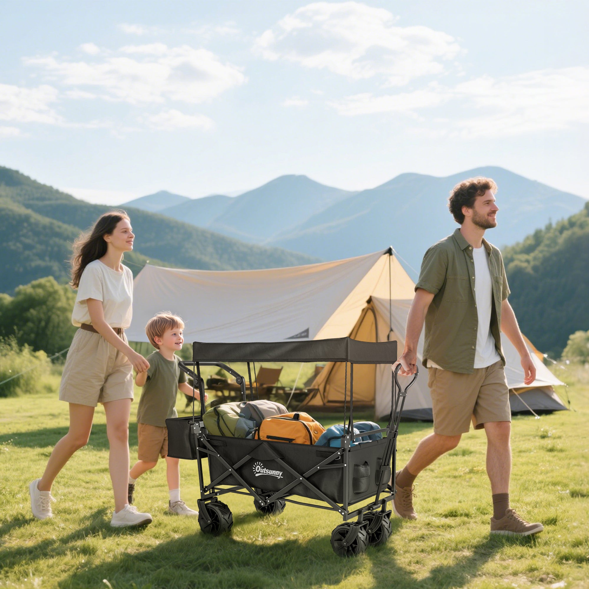 Outsunny Folding Trolley Cart Storage Wagon Beach Trailer 4 Wheels with Handle Overhead Canopy Cart Push Pull for Camping, Black - North Peak Garden Furniture