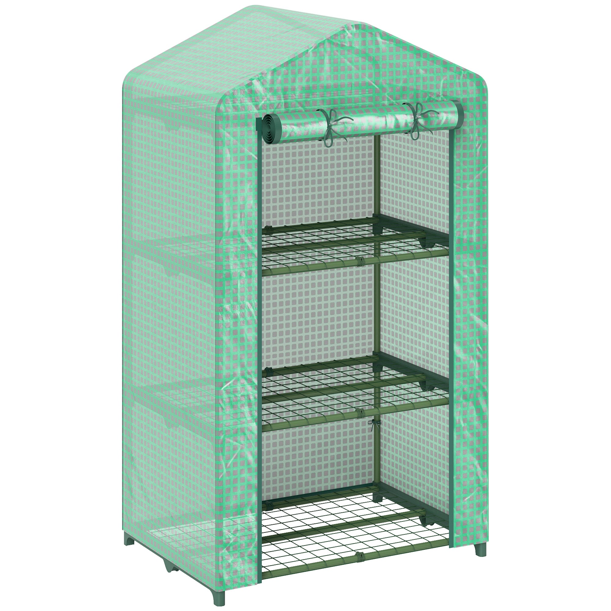 Outsunny 3 Tier Mini Greenhouse Portable Garden Grow House with Roll Up Door and Wire Shelves, 69 x 49 x 125 cm, Green