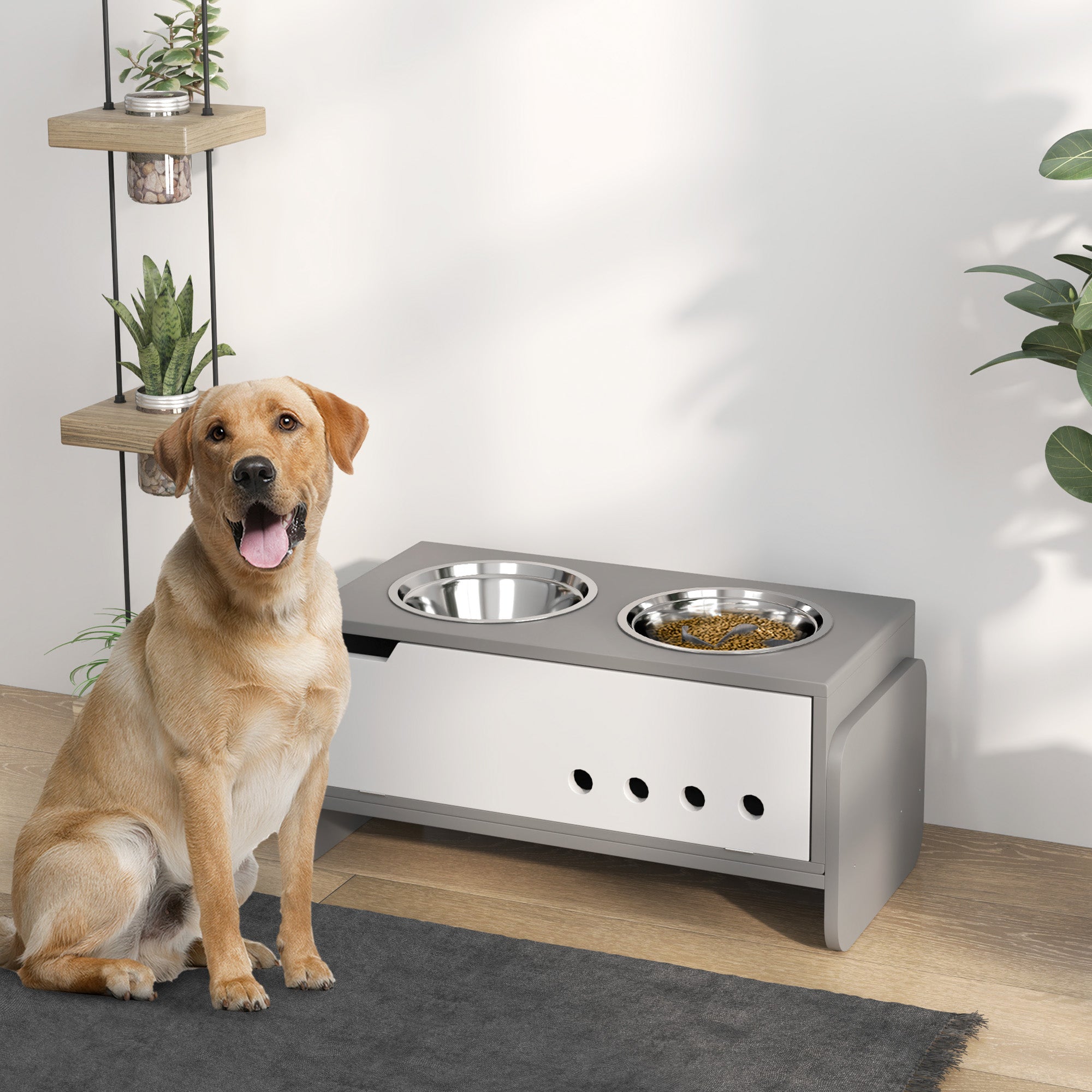 PawHut 3 Height Adjustable Raised Dog Bowls, Dog Feeding Storage Station w/ Slow Feeder Mat, 2 Stainless Steel Bowls - North Peak Garden Furniture
