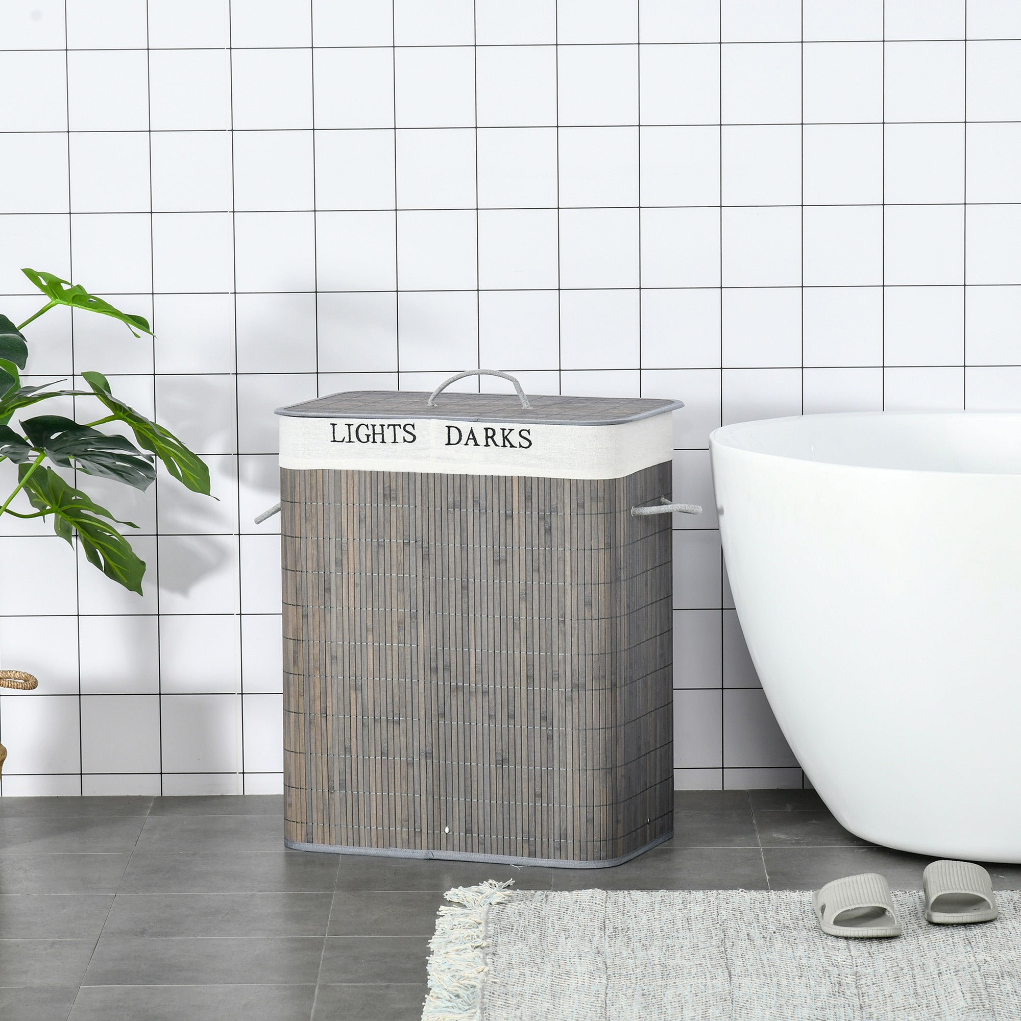 HOMCOM 100L Laundry Basket with Lid String Handles, 2 Section Collapsible Hamper Removable Lining Foldable Water-Resistant Dirty Clothes Storage, Grey - North Peak Garden Furniture