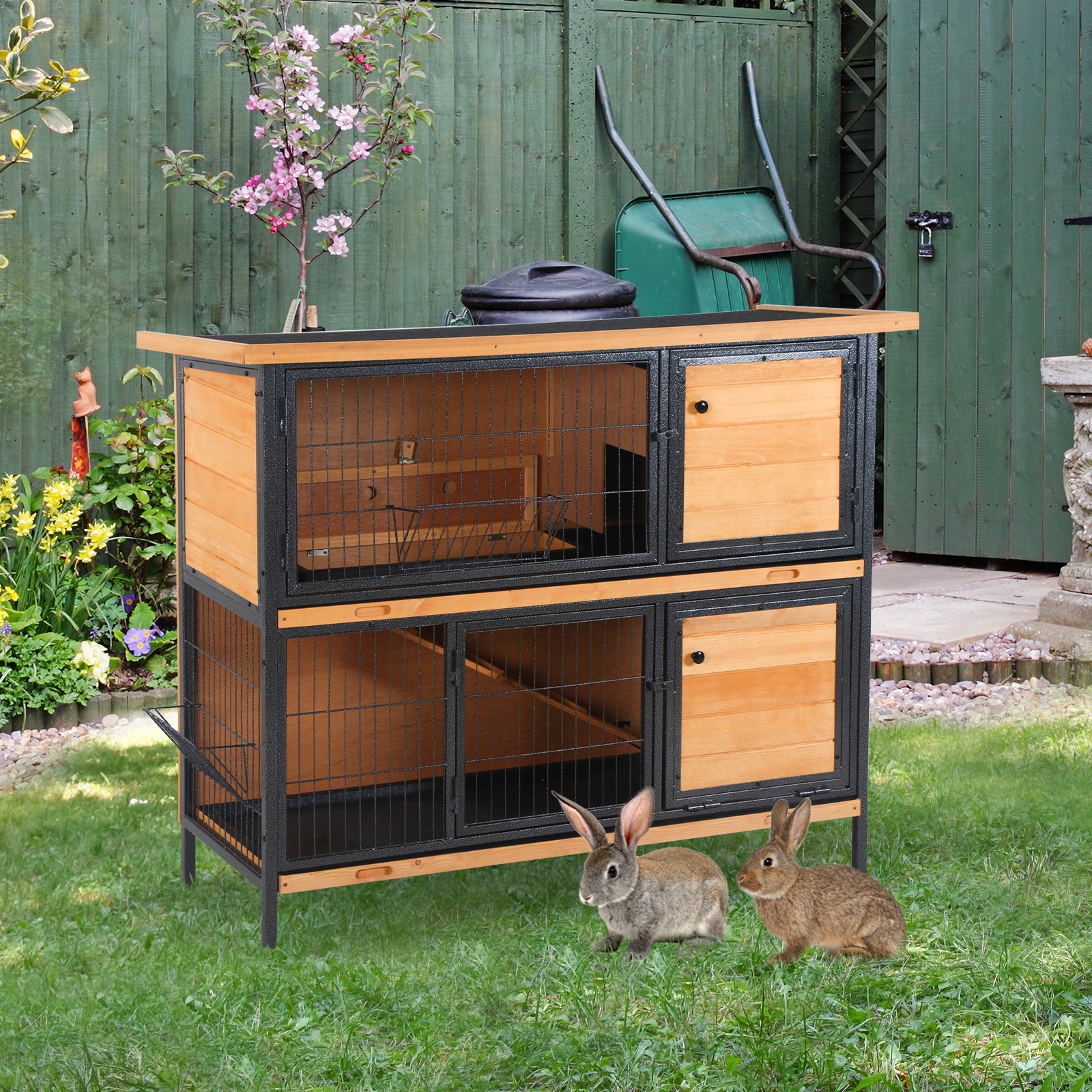 PawHut Rabbit Hutch Outdoor Guinea Pig Hutch Bunny Cage Metal Frame with No-Leak Tray Openable Roof Light Yellow 122 x 50 x 101cm - North Peak Garden Furniture
