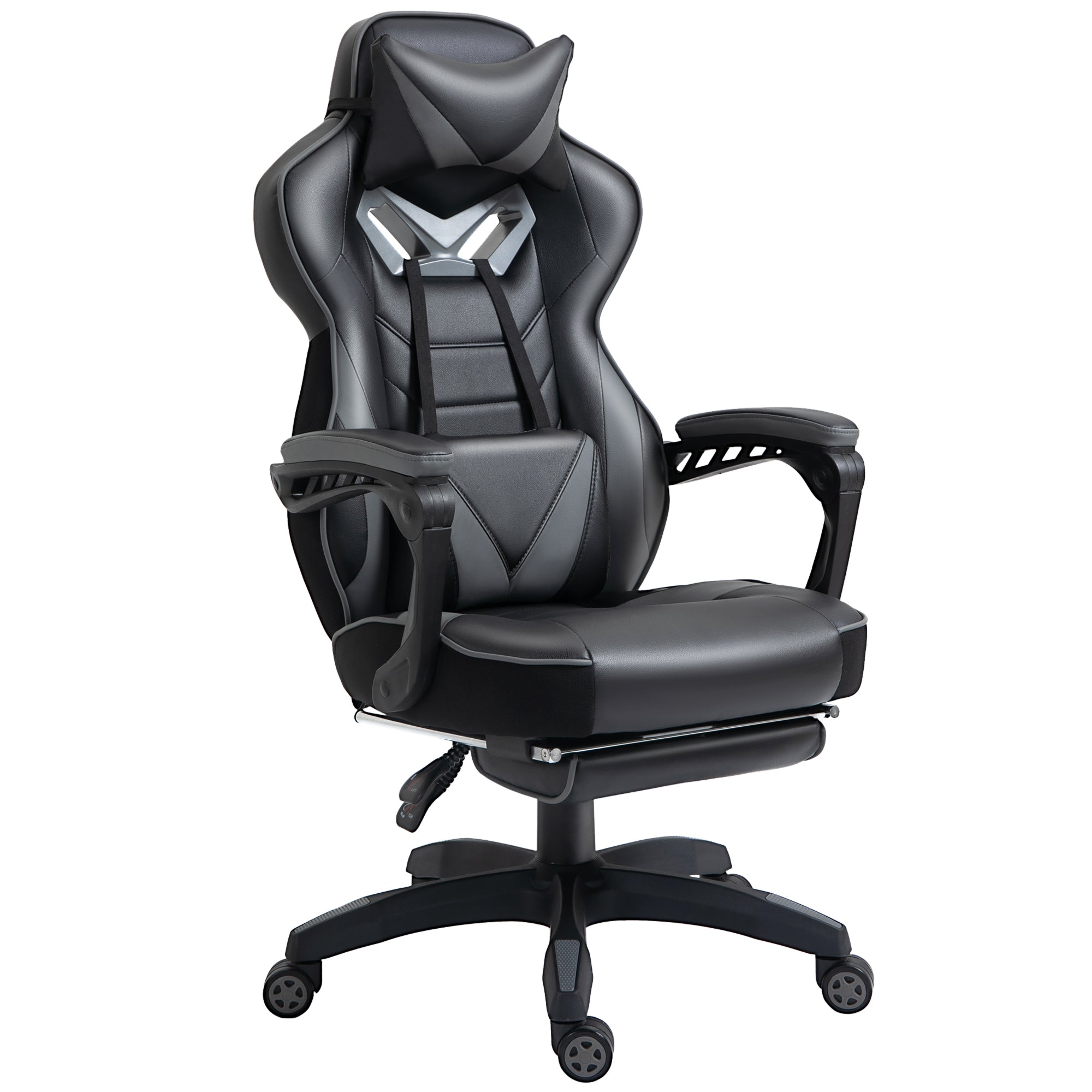 Vinsetto Computer Gaming Chair, Racing Desk Chair with Lumbar Support and Footrest, PU Leather Gamer Chair with Headrest and Swivel Wheels for Home, Grey - North Peak Garden Furniture