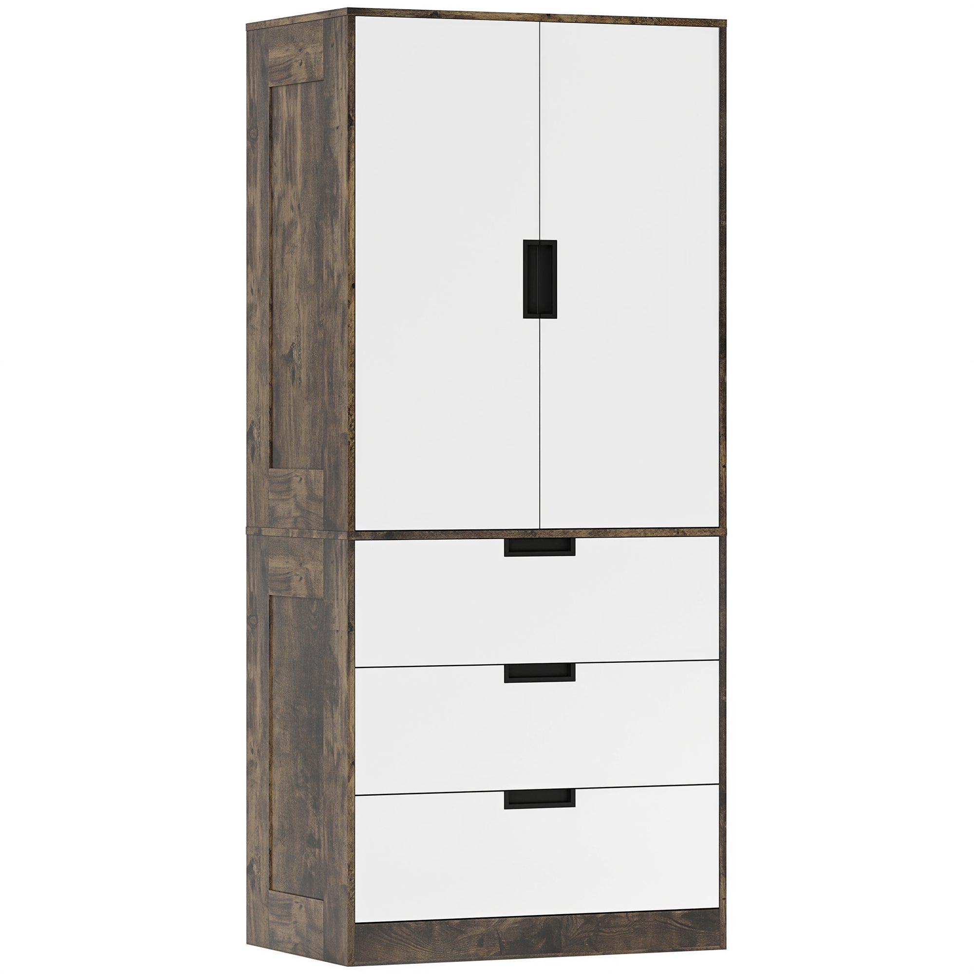 HOMCOM Modern Clothes Storage Cupboard Unit, 3 Drawer 2 Door Wardrobe with Hanging Rod, Rustic Brown