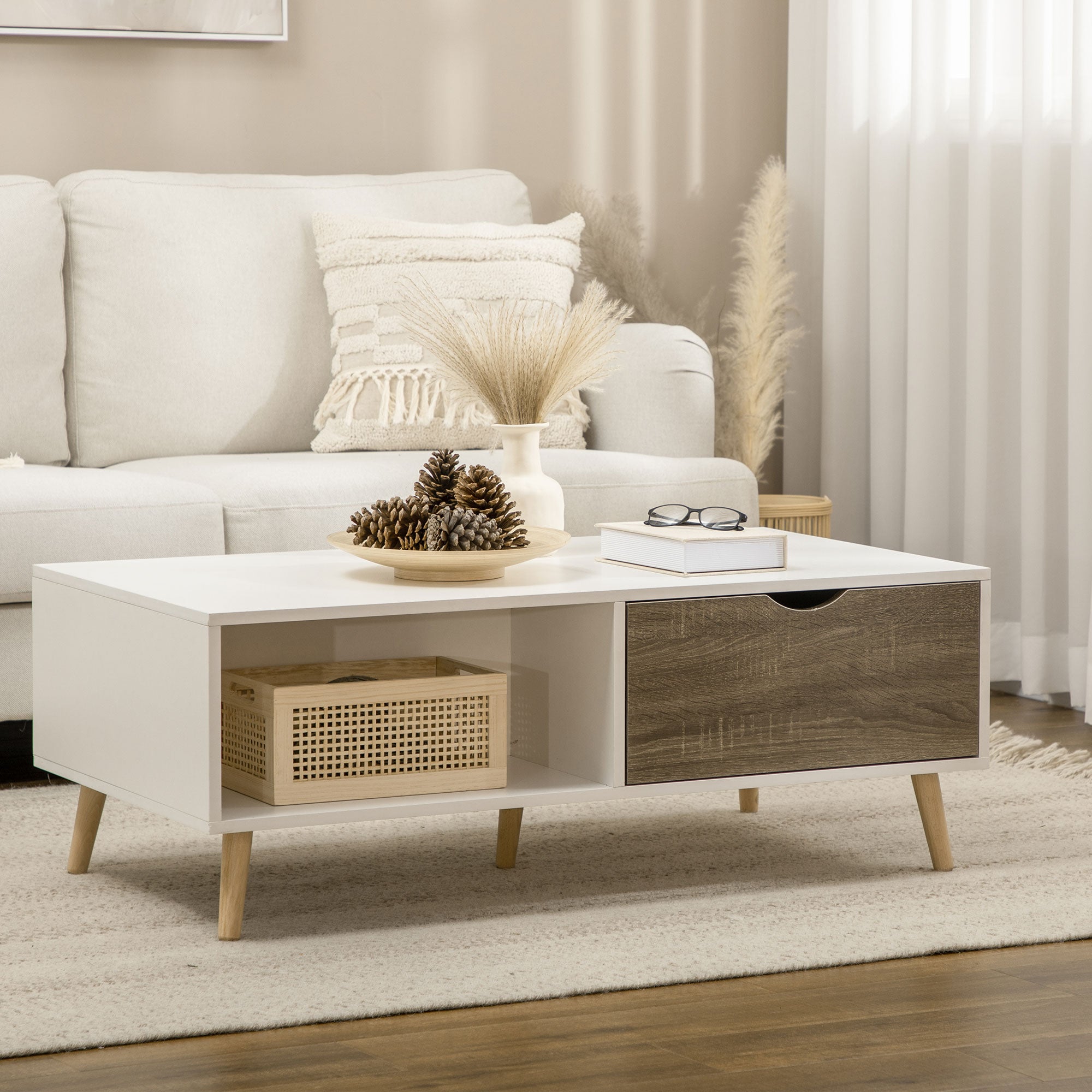 HOMCOM Coffee Table, Modern Tea Table with Open Storage Shelves, Two Drawers and Solid Wood Legs, Coffee Tables for Living Room, Bed Room, White - North Peak Garden Furniture