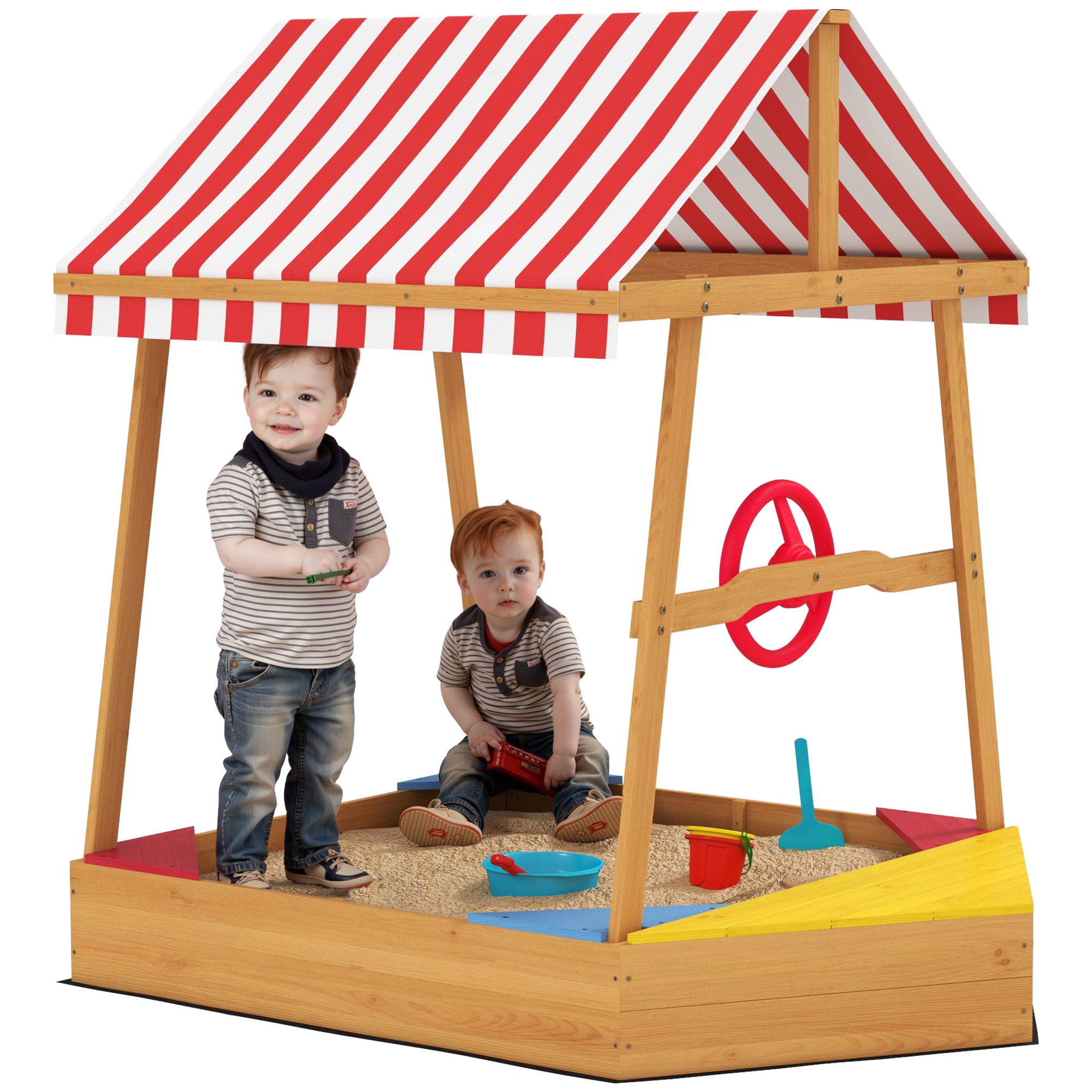 AIYAPLAY Wooden Kids Sandpit Boat Style with Canopy, 4 Seats, Rudder, Bottom Liner, for Children 3-8 Years, Yellow - North Peak Garden Furniture