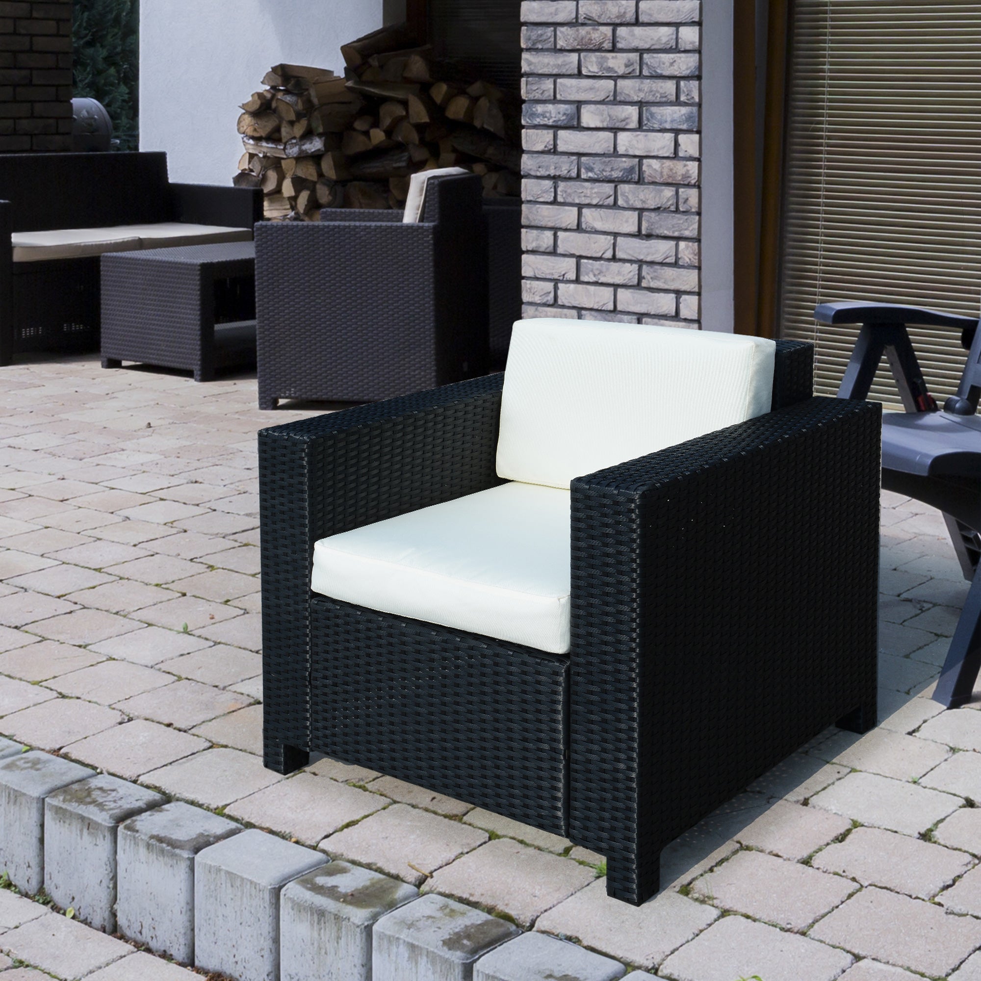 Outsunny Single Seater Rattan Chair Sofa with 10 cm Thick Padded Cushion, All-Weather PE Wicker Weave Garden Armchair with Armrests, Black - North Peak Garden Furniture