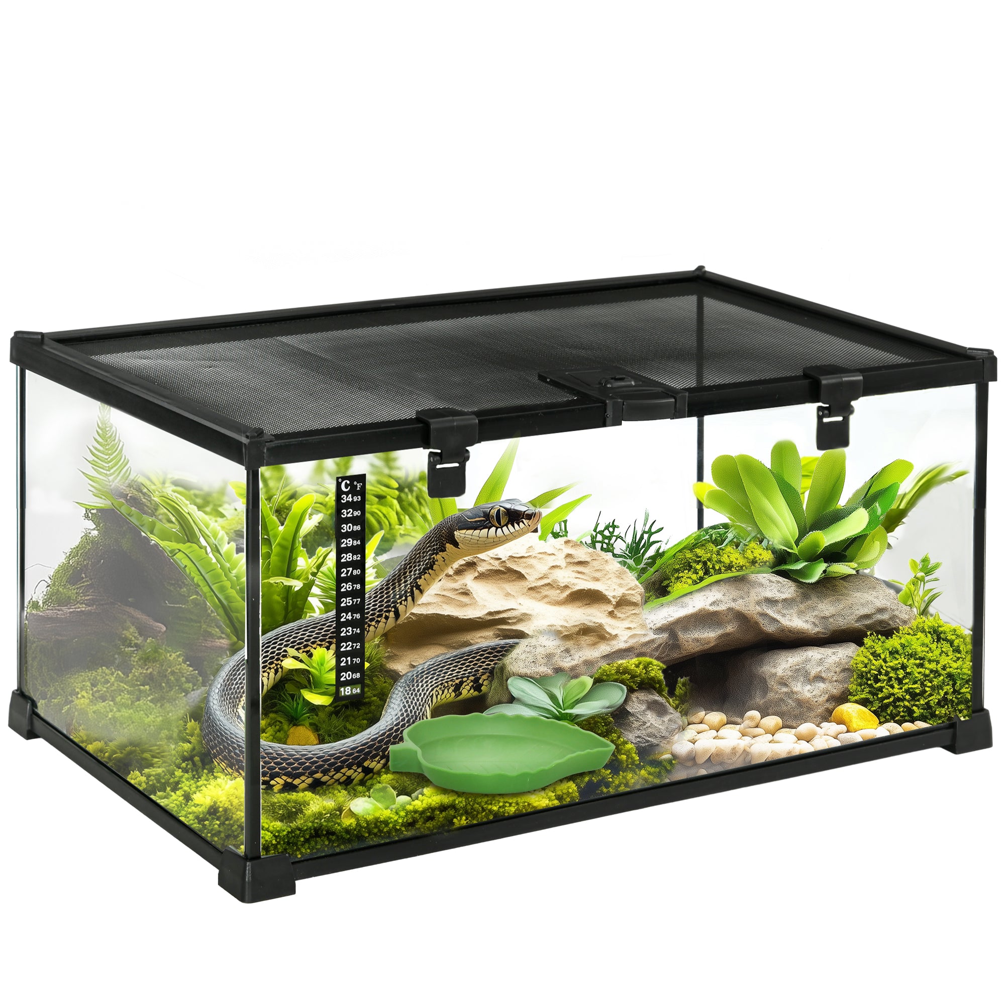 PawHut Glass Reptile Terrarium Insect Breeding Tank Vivarium Habitats with Thermometer for Lizards, Horned Frogs, Snakes, Spiders - Medium 50 x 30 x 25cm - North Peak Garden Furniture