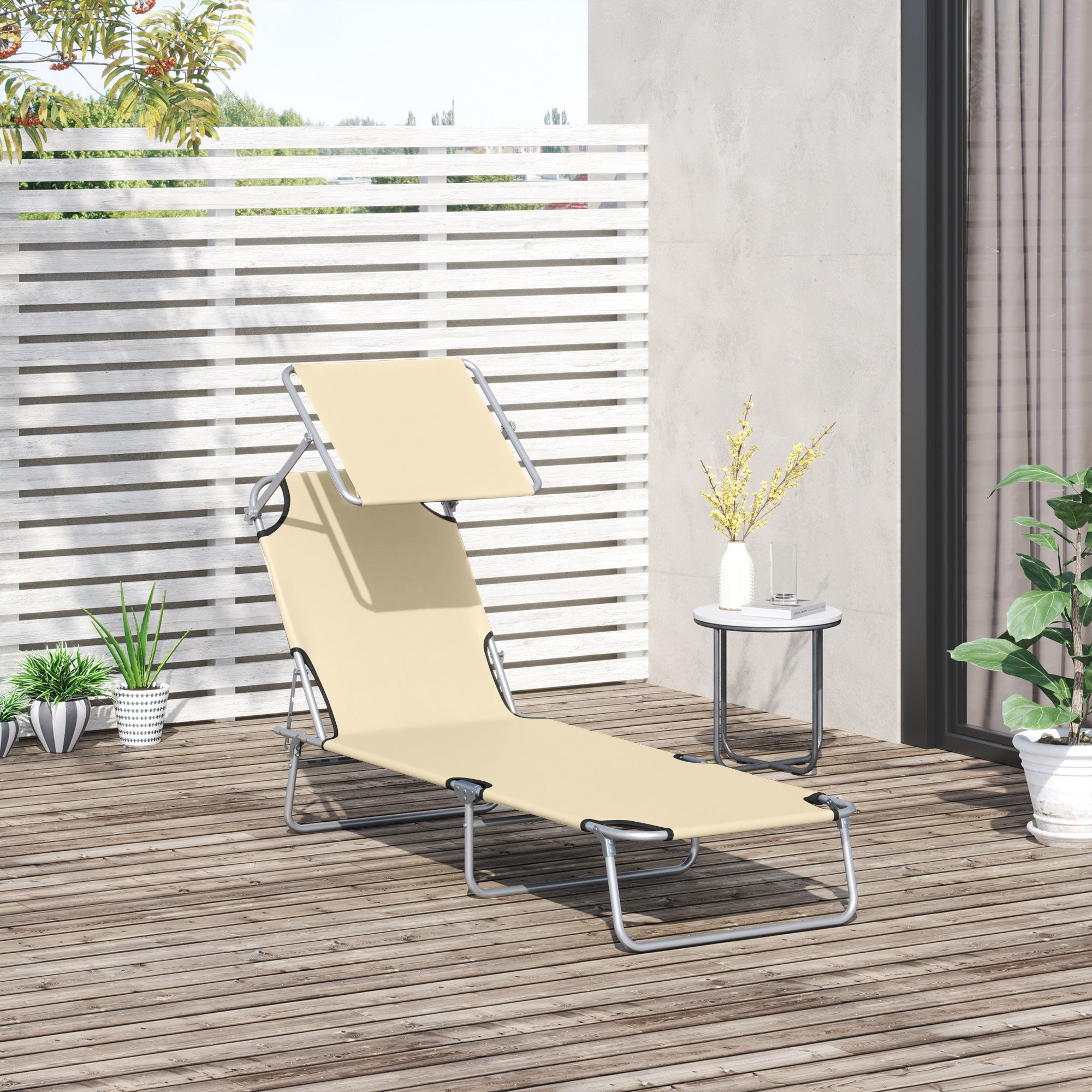 Outsunny Outdoor Foldable Sun Lounger, 4 Level Adjustable Backrest Reclining Sun Lounger Chair with Angle Adjust Sun Shade Awning for Beach, Garden, Patio, Beige - North Peak Garden Furniture